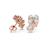 Rose Gold Pear Diamond Four-Petal Flower & Round Solitaire Drop Stud Earrings