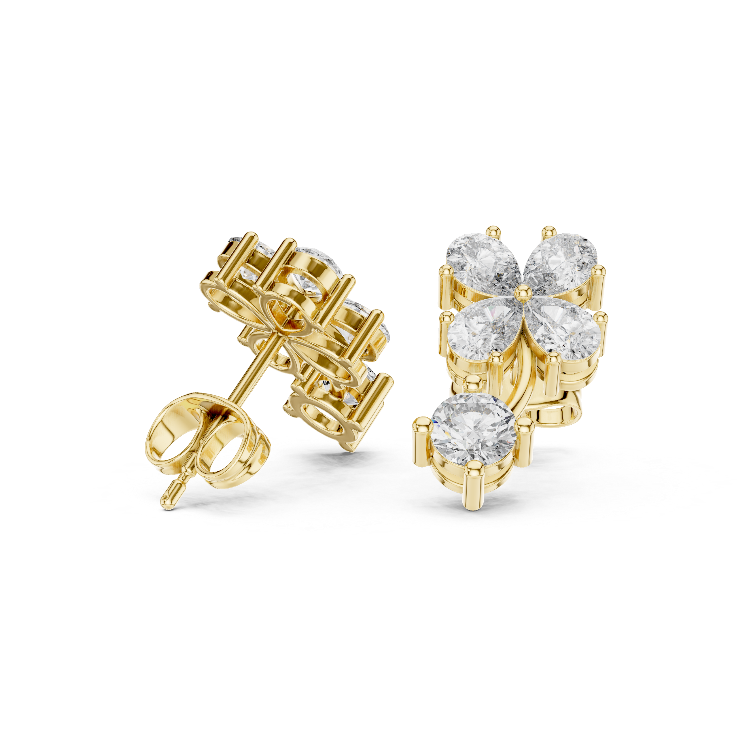 Rose Gold Pear Diamond Four-Petal Flower & Round Solitaire Drop Stud Earrings