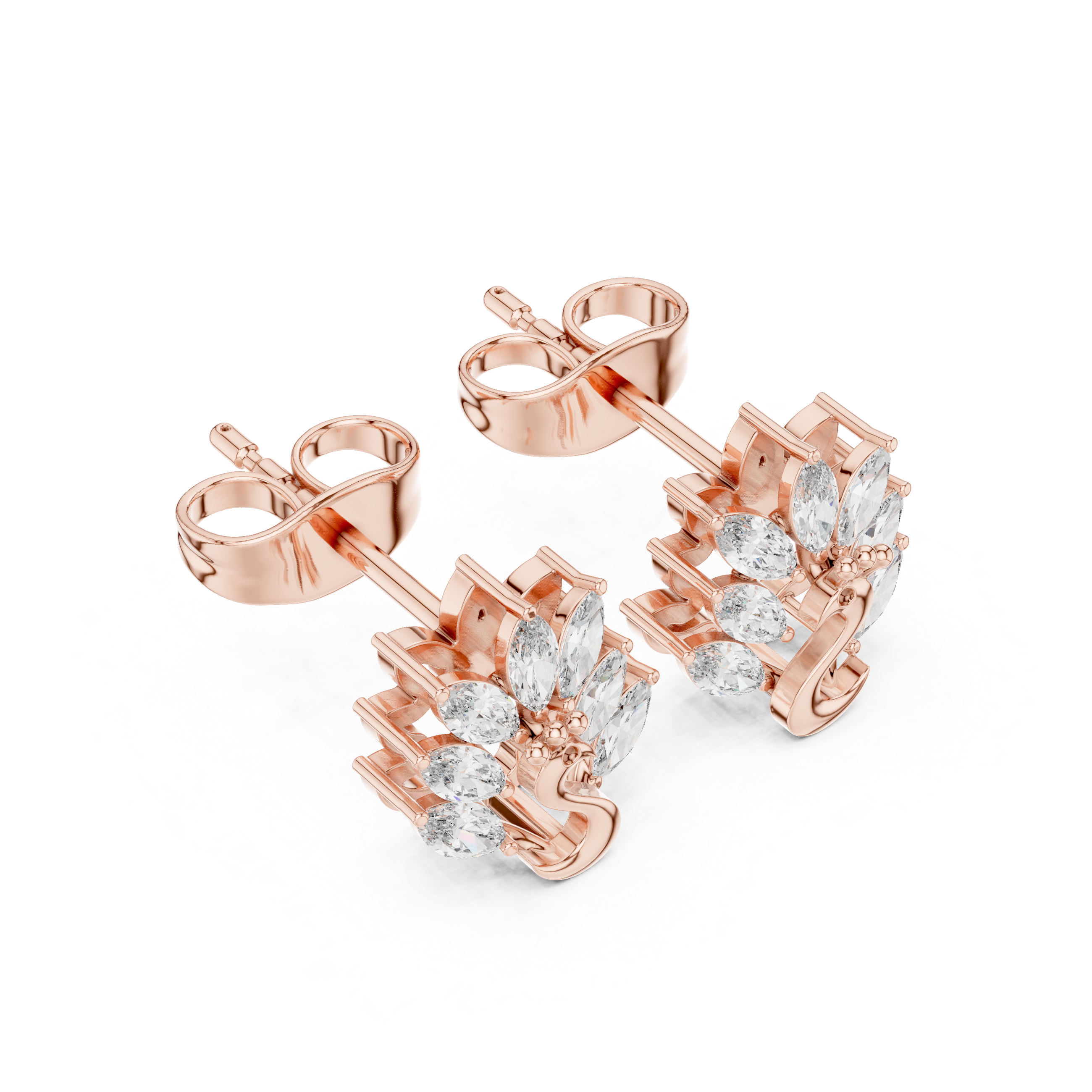 Rose Gold Peacock Marquise Diamond Crown Stud Earrings