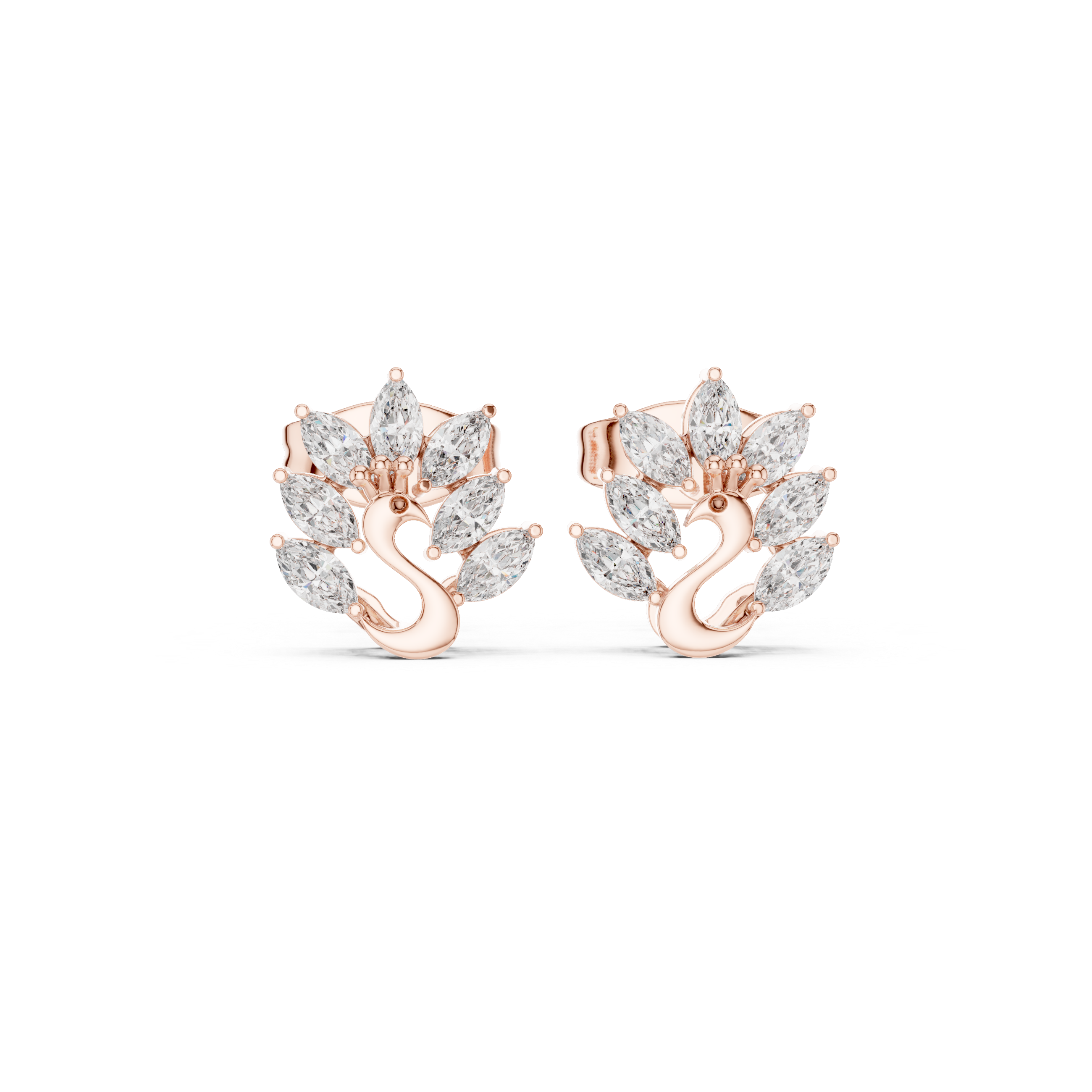 Rose Gold Peacock Marquise Diamond Crown Stud Earrings