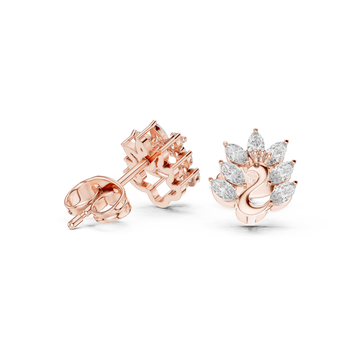 Rose Gold Peacock Marquise Diamond Crown Stud Earrings