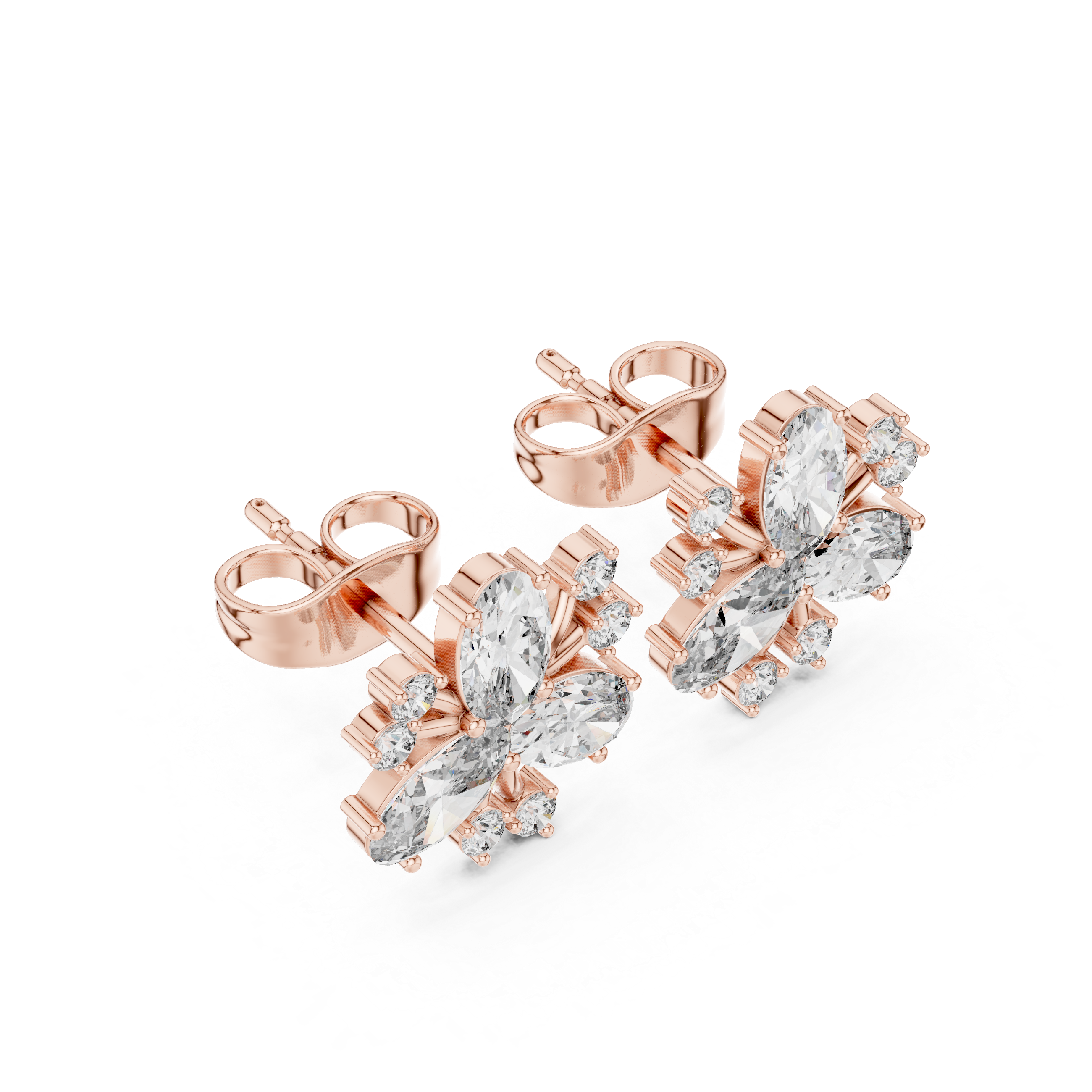 Rose Gold Oval Diamond Three-Petal Flower & Accent Stud Earrings