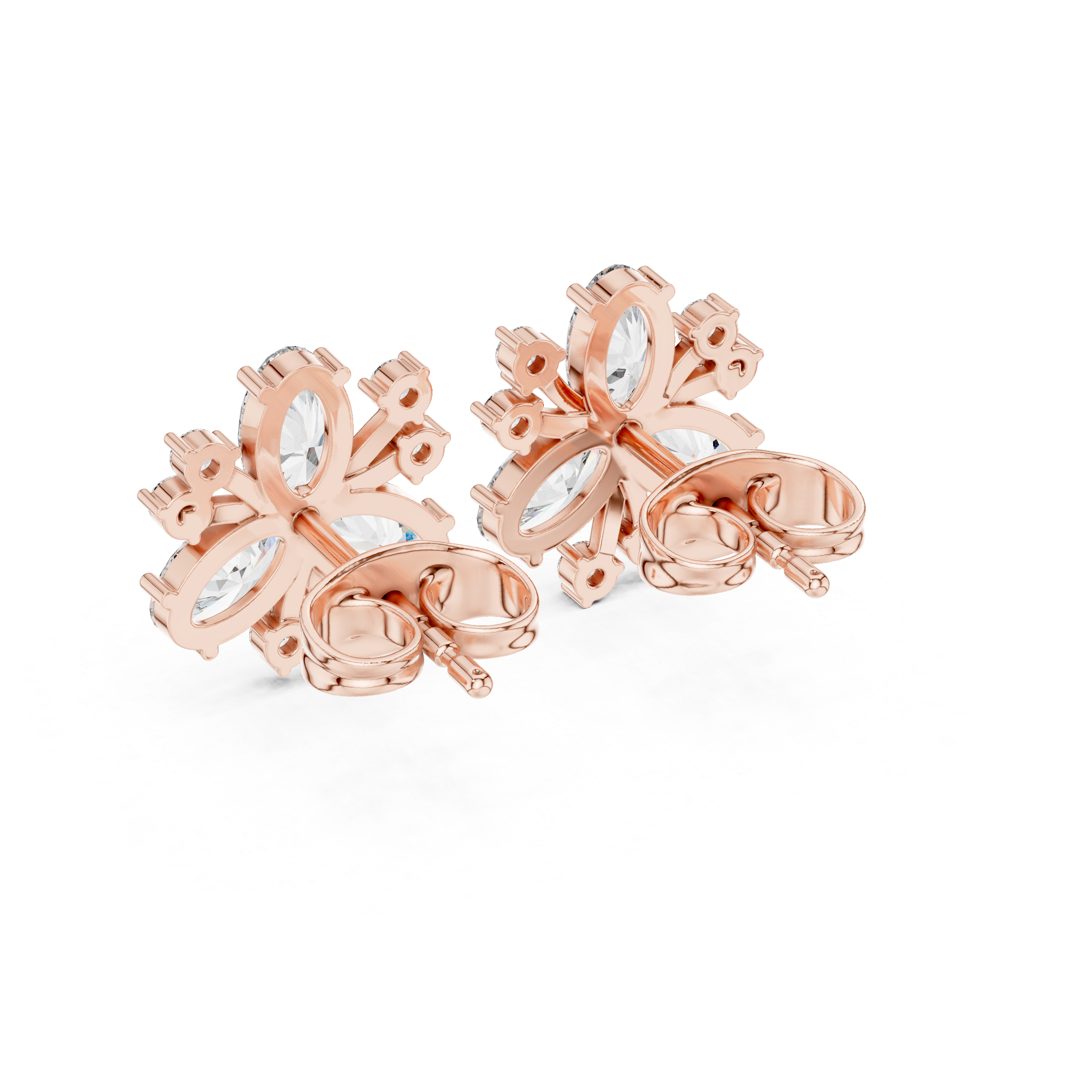 Rose Gold Oval Diamond Three-Petal Flower & Accent Stud Earrings