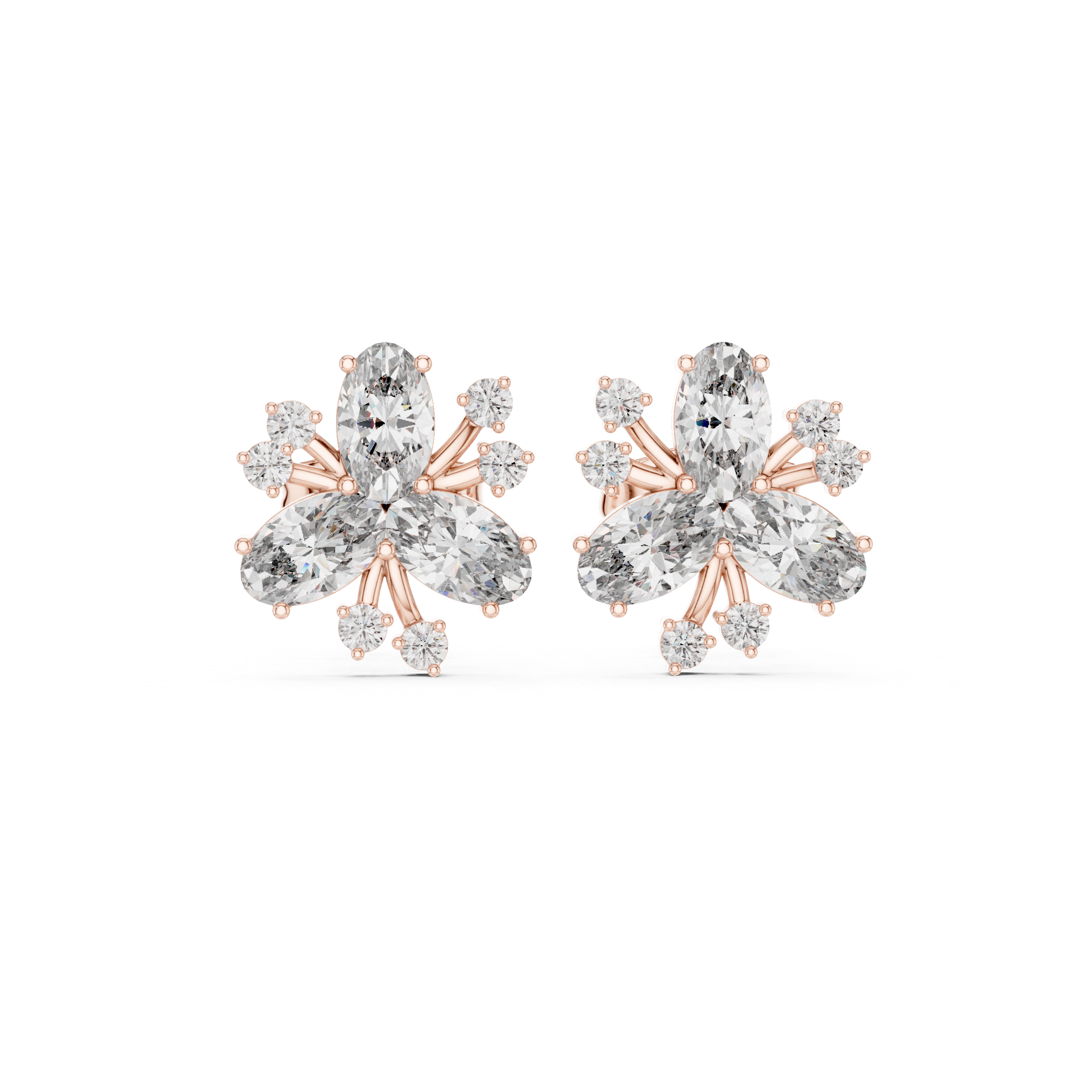 Rose Gold Oval Diamond Three-Petal Flower & Accent Stud Earrings