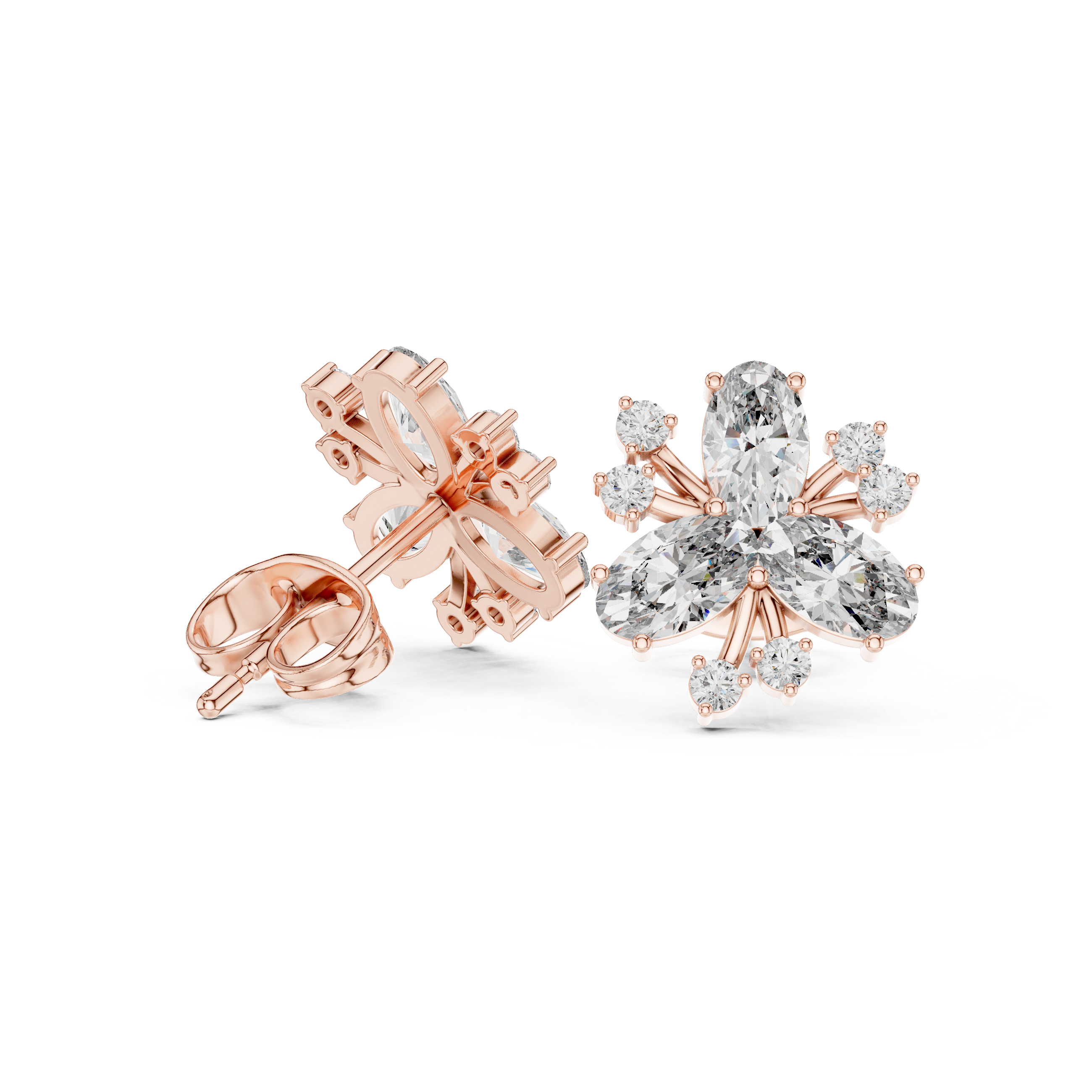 Rose Gold Oval Diamond Three-Petal Flower & Accent Stud Earrings