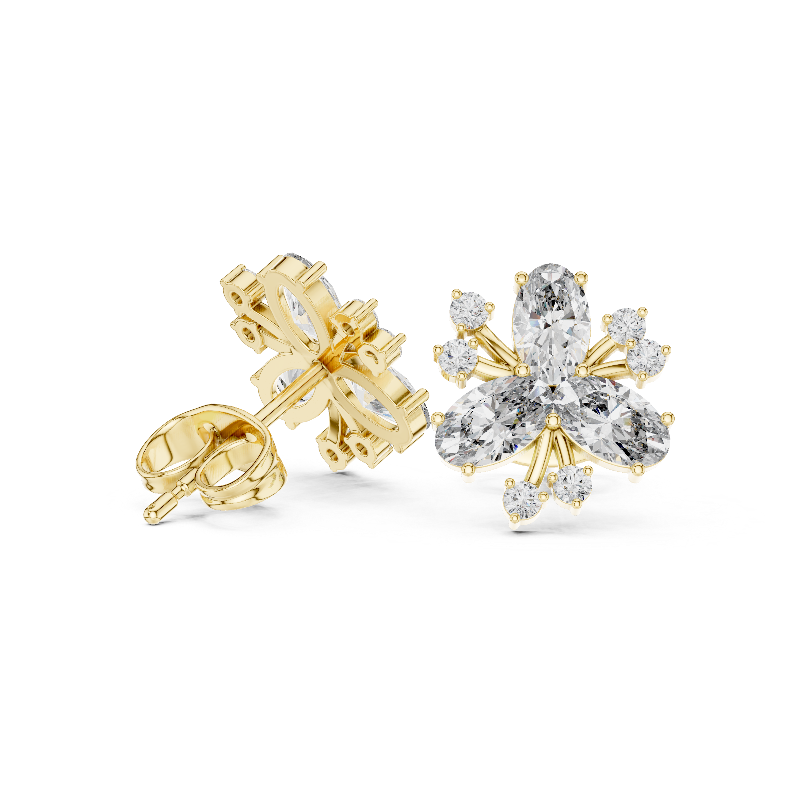 Rose Gold Oval Diamond Three-Petal Flower & Accent Stud Earrings