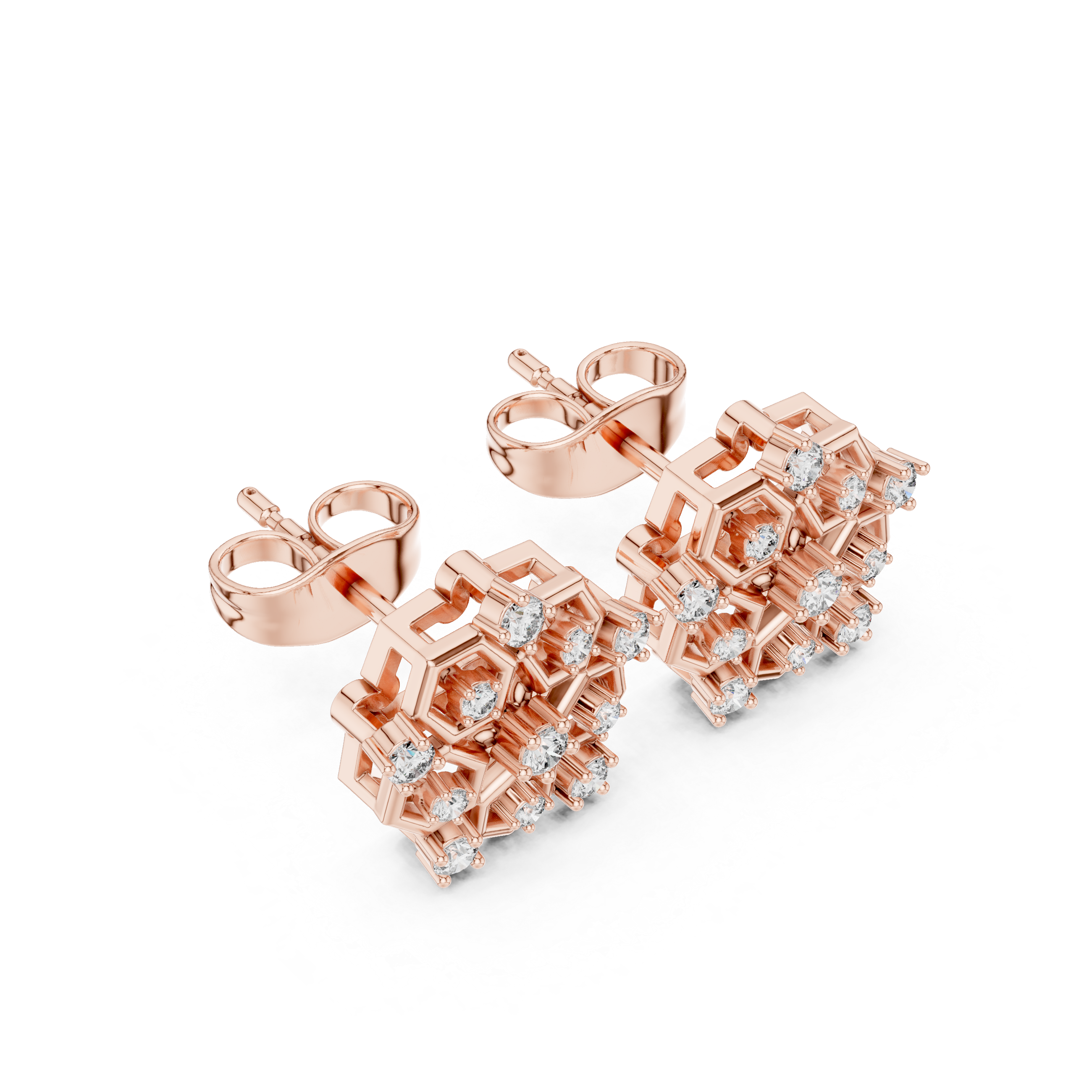 Rose Gold Hexagonal Geometric Diamond Cluster Stud Earrings