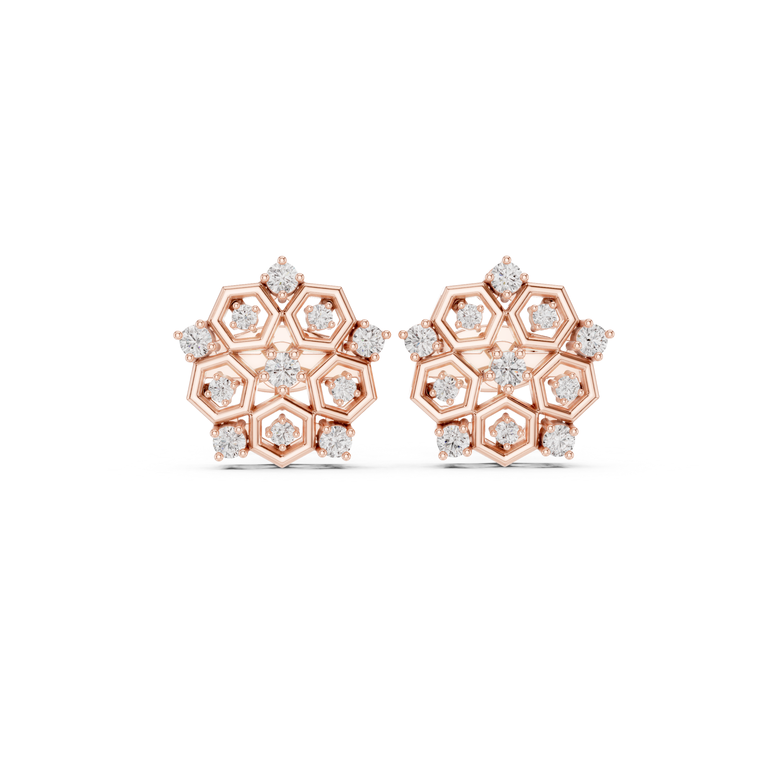 Rose Gold Hexagonal Geometric Diamond Cluster Stud Earrings