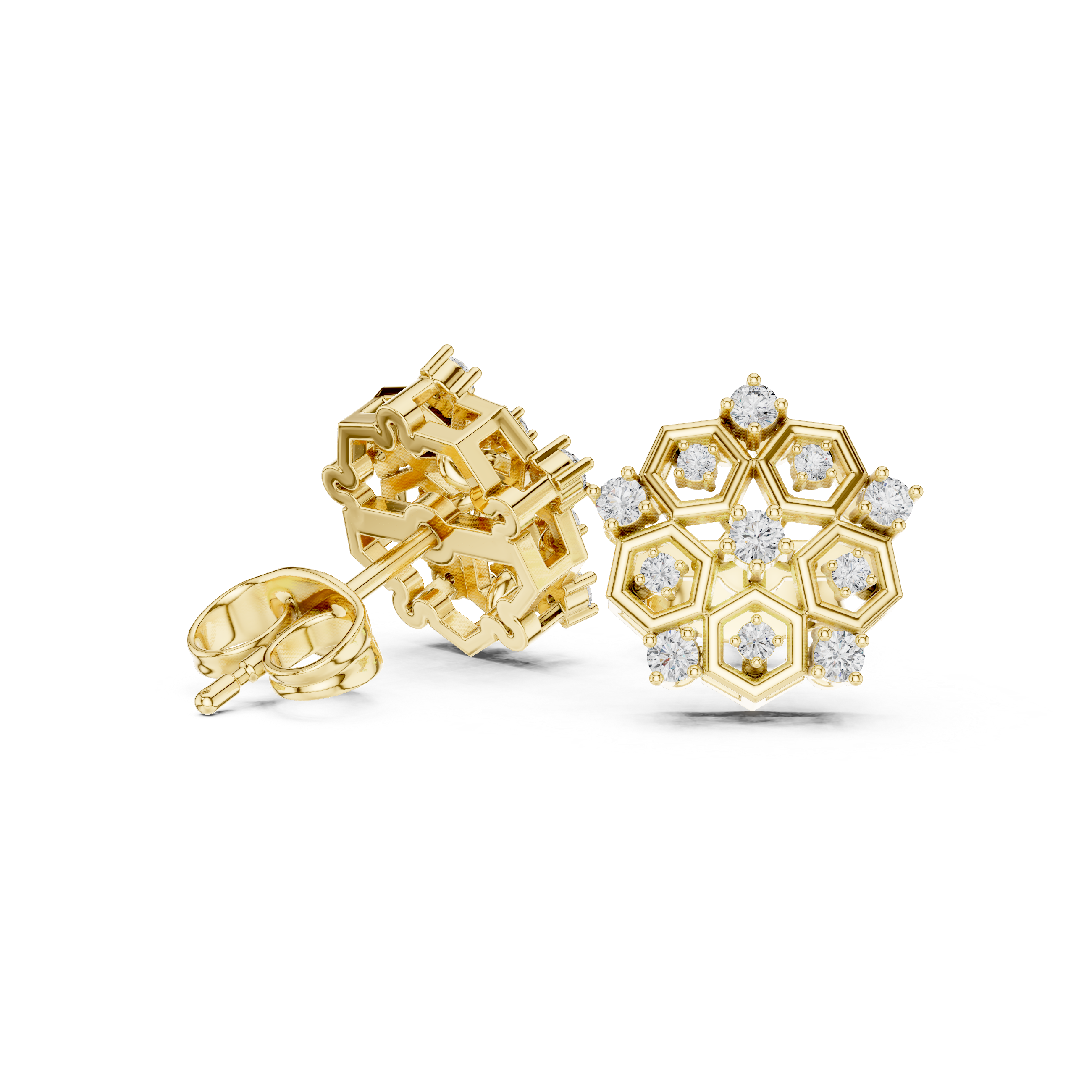 Rose Gold Hexagonal Geometric Diamond Cluster Stud Earrings
