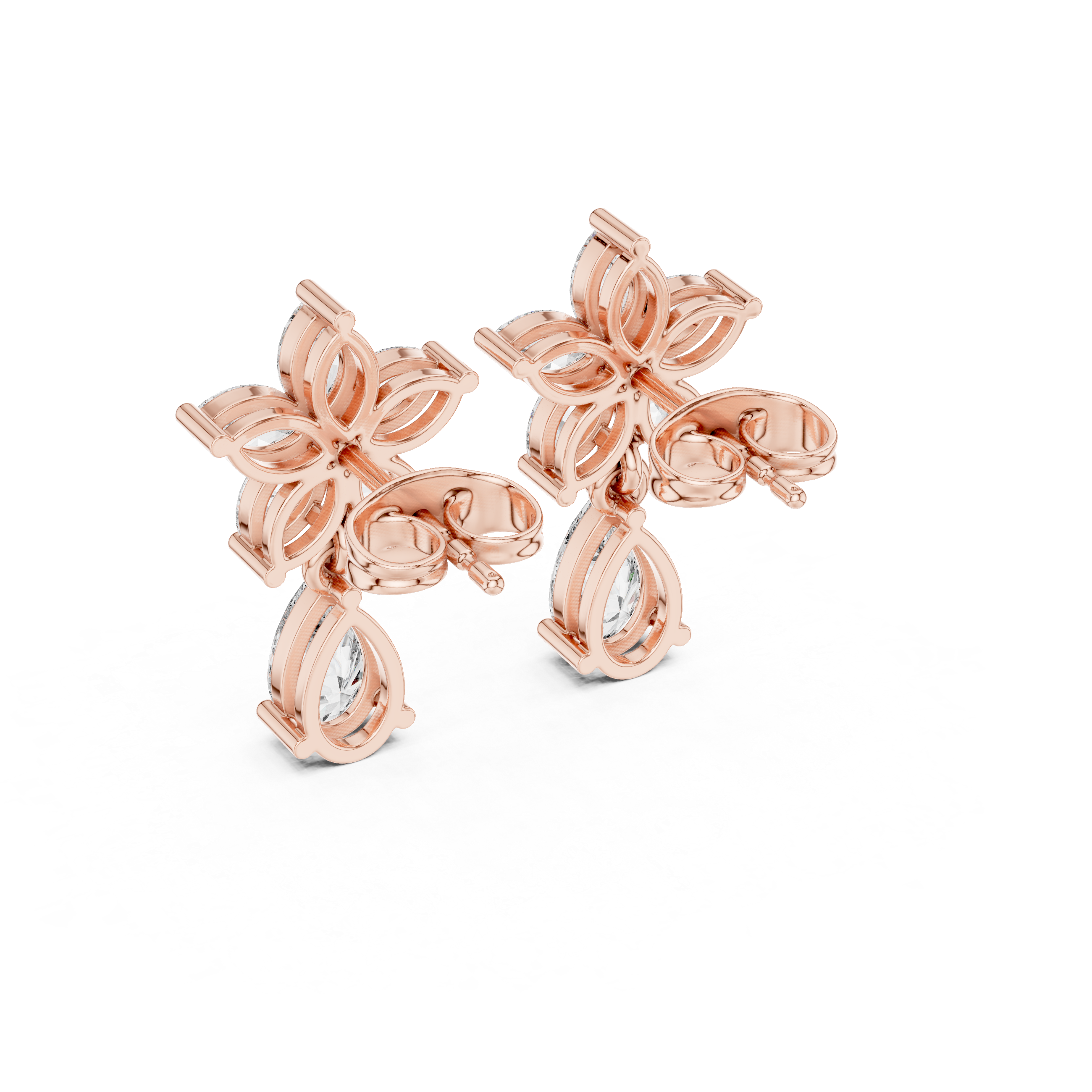 Rose Gold Marquise Diamond Four-Petal Flower & Pear Solitaire Drop Stud Earrings