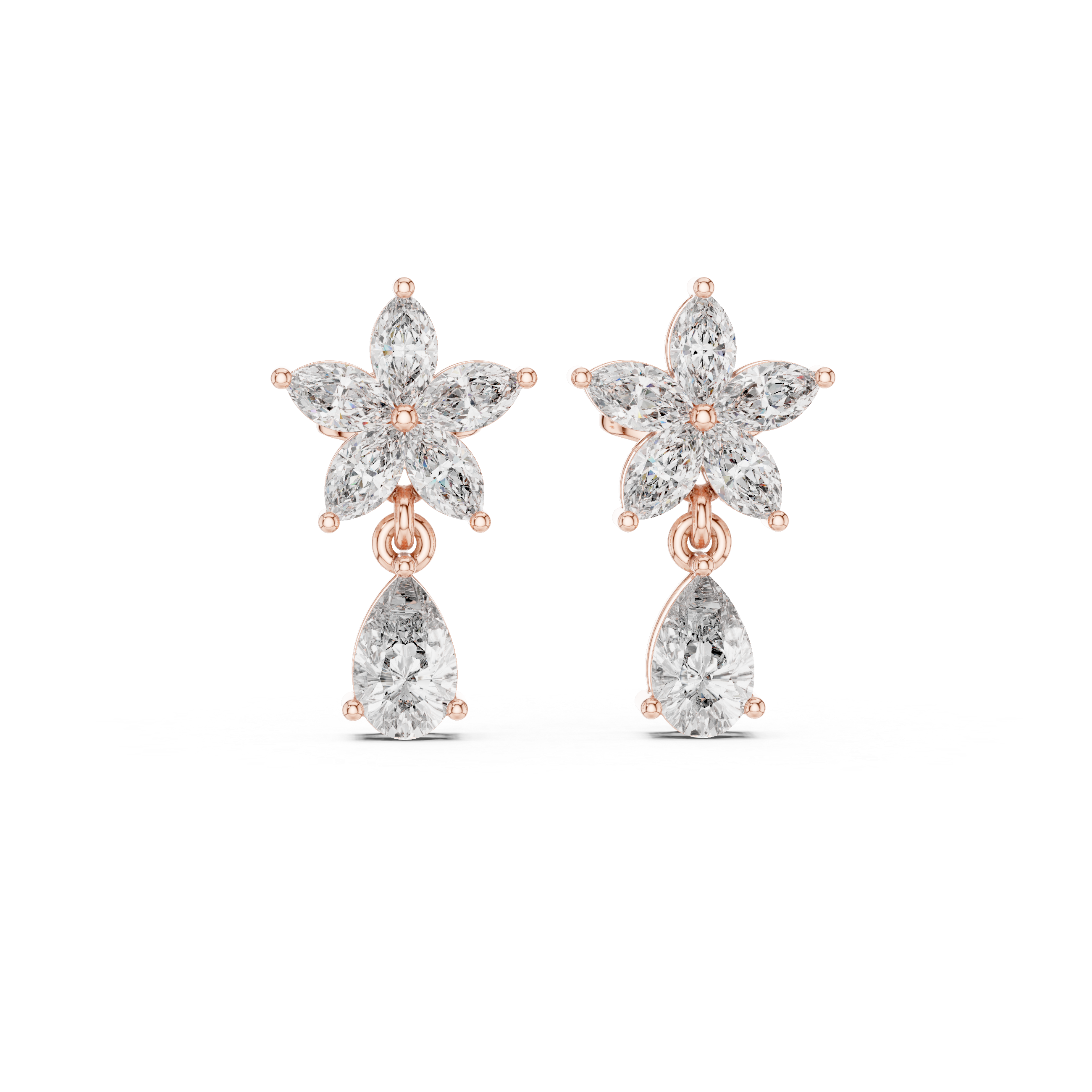 Rose Gold Marquise Diamond Four-Petal Flower & Pear Solitaire Drop Stud Earrings