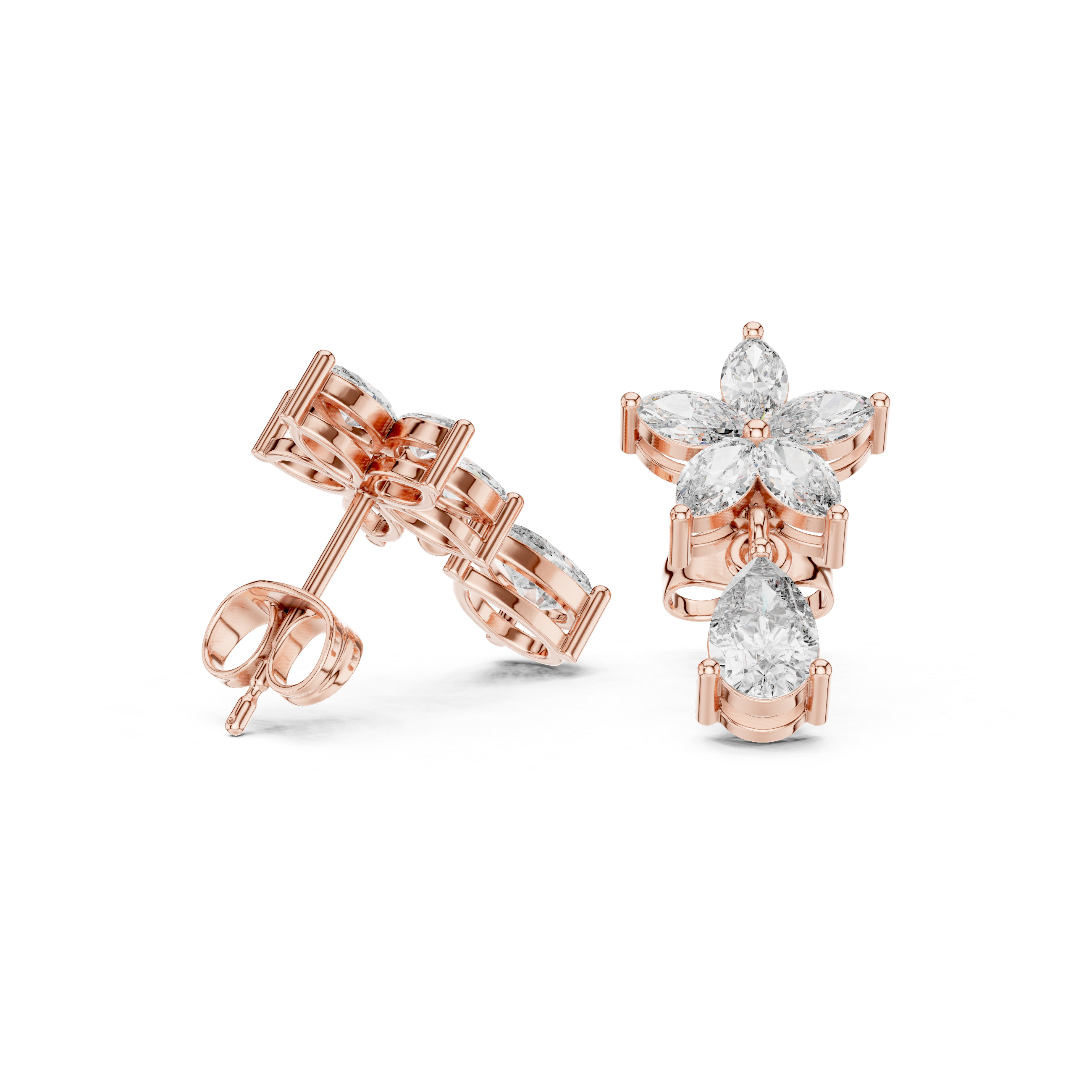 Rose Gold Marquise Diamond Four-Petal Flower & Pear Solitaire Drop Stud Earrings