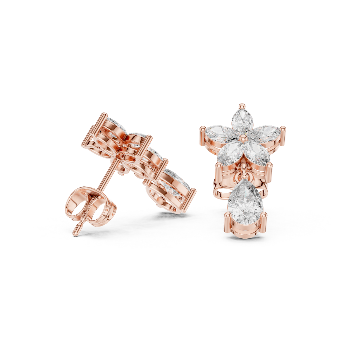 Rose Gold Marquise Diamond Four-Petal Flower & Pear Solitaire Drop Stud Earrings
