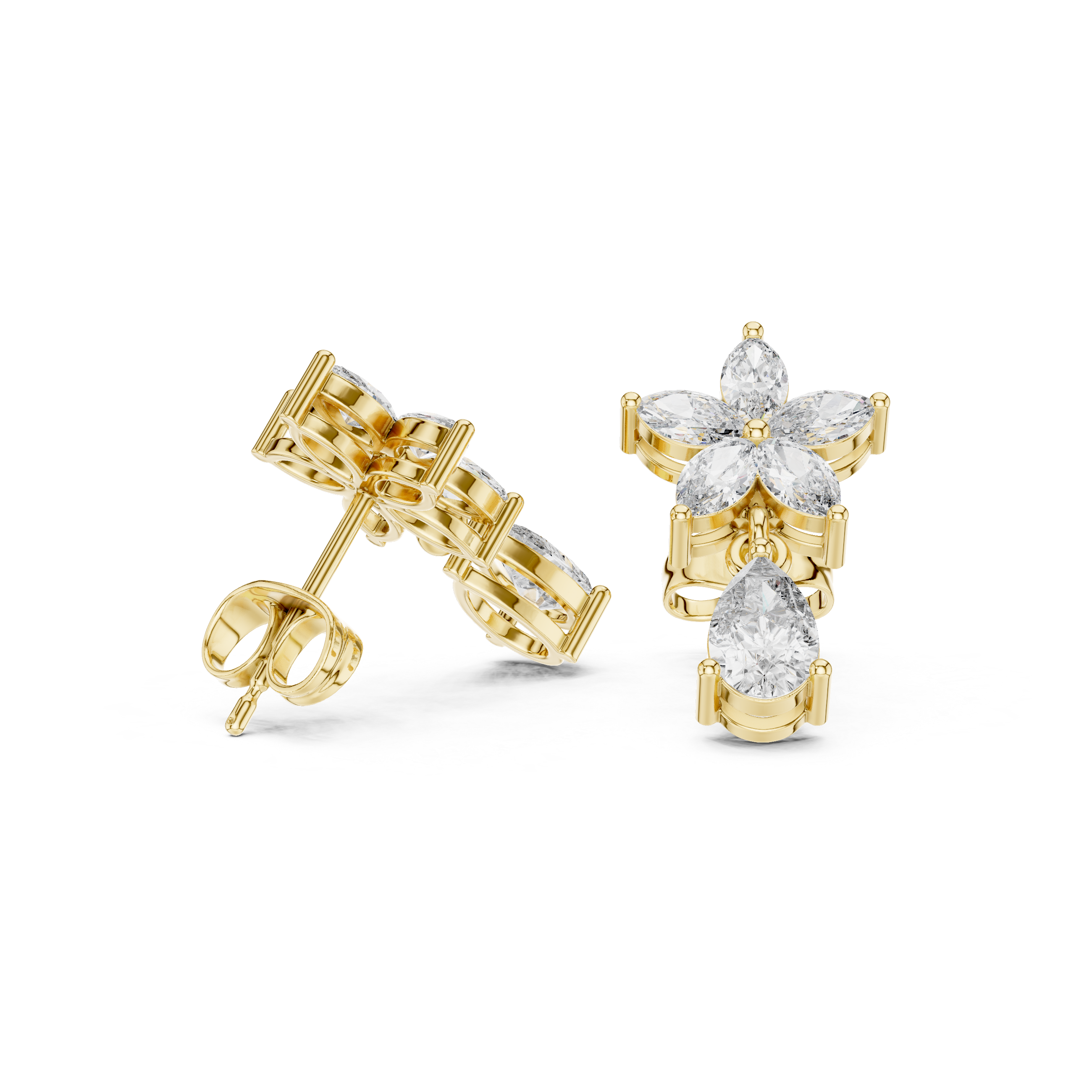 Rose Gold Marquise Diamond Four-Petal Flower & Pear Solitaire Drop Stud Earrings