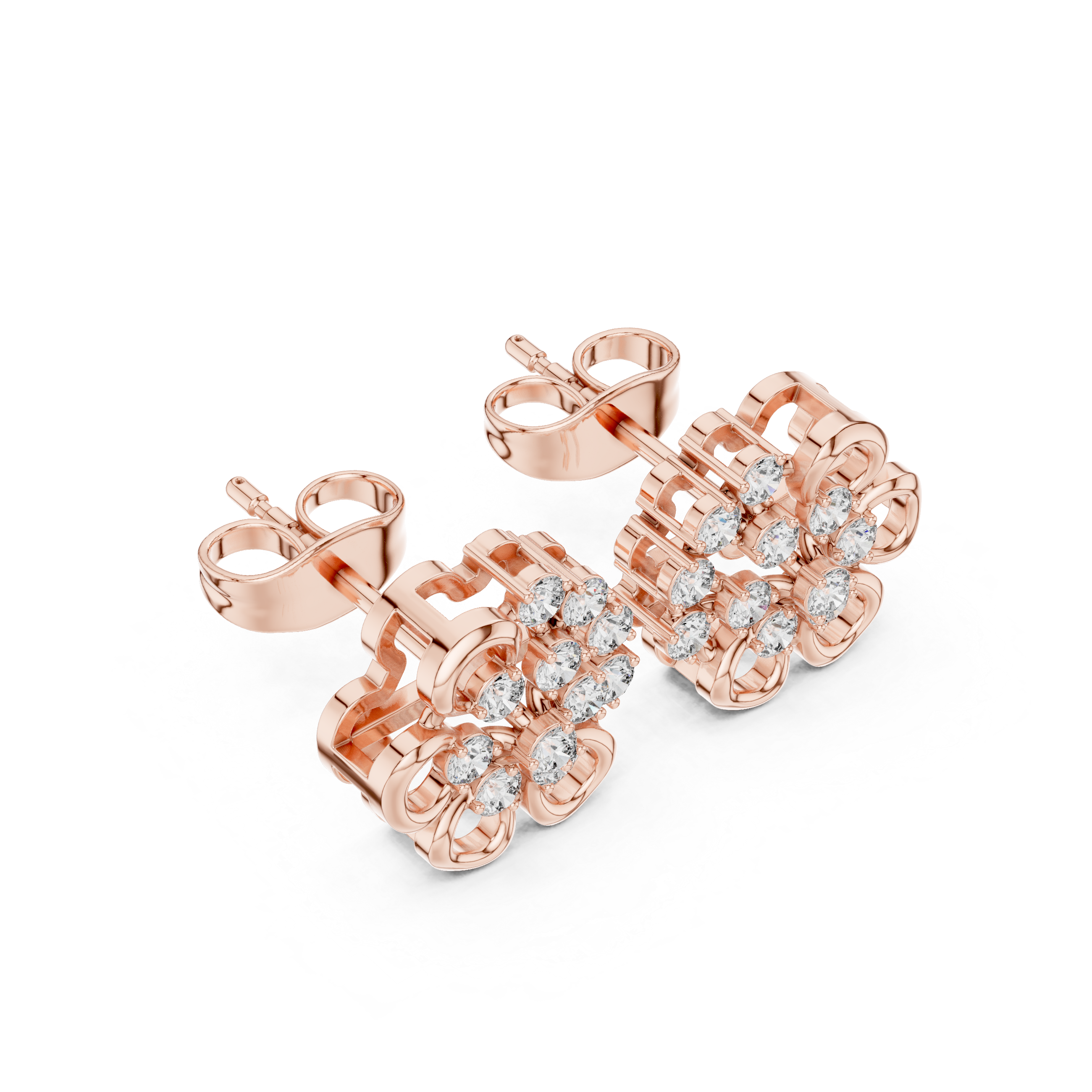 Rose Gold Four-Petal Flower Clover Diamond Cluster Stud Earrings