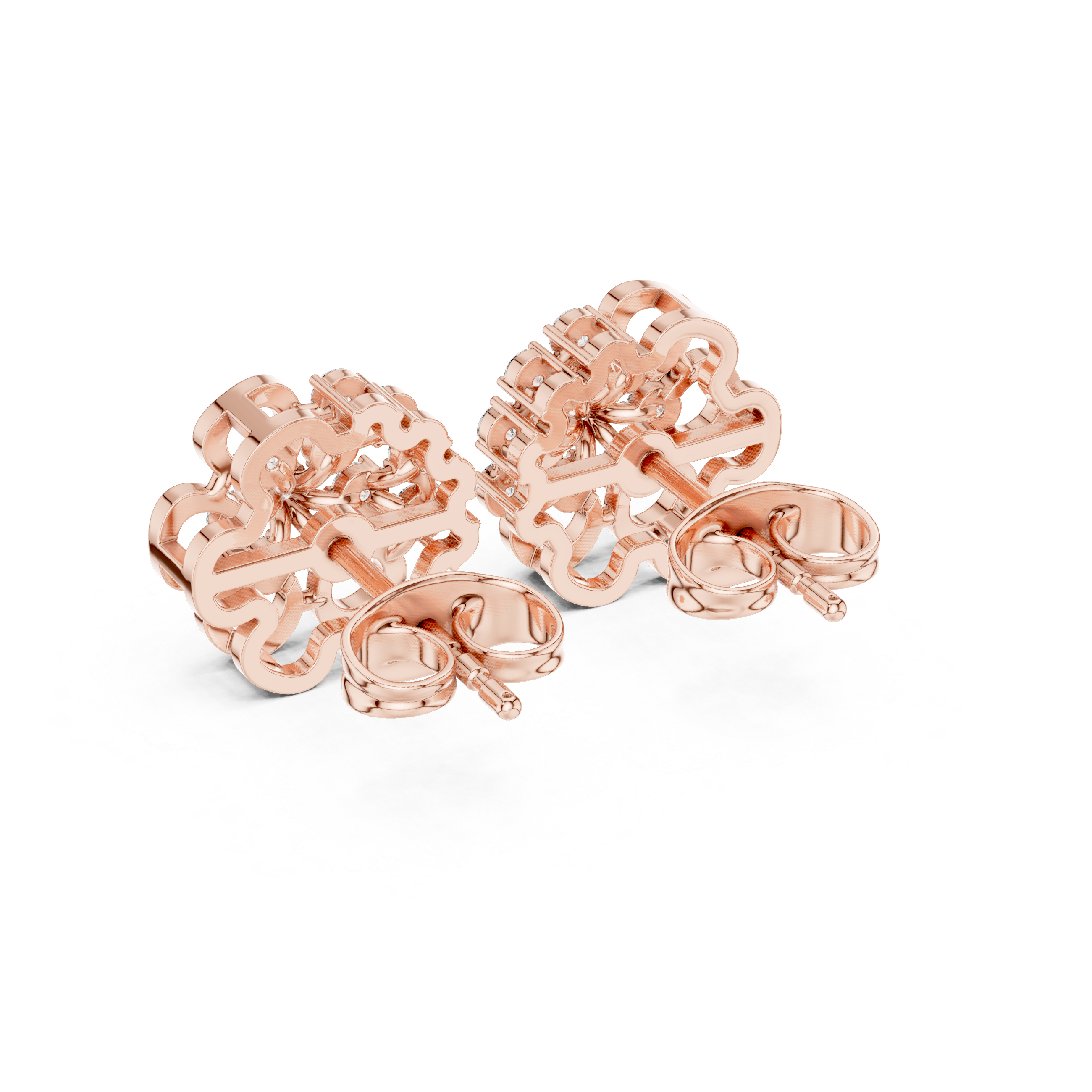 Rose Gold Four-Petal Flower Clover Diamond Cluster Stud Earrings