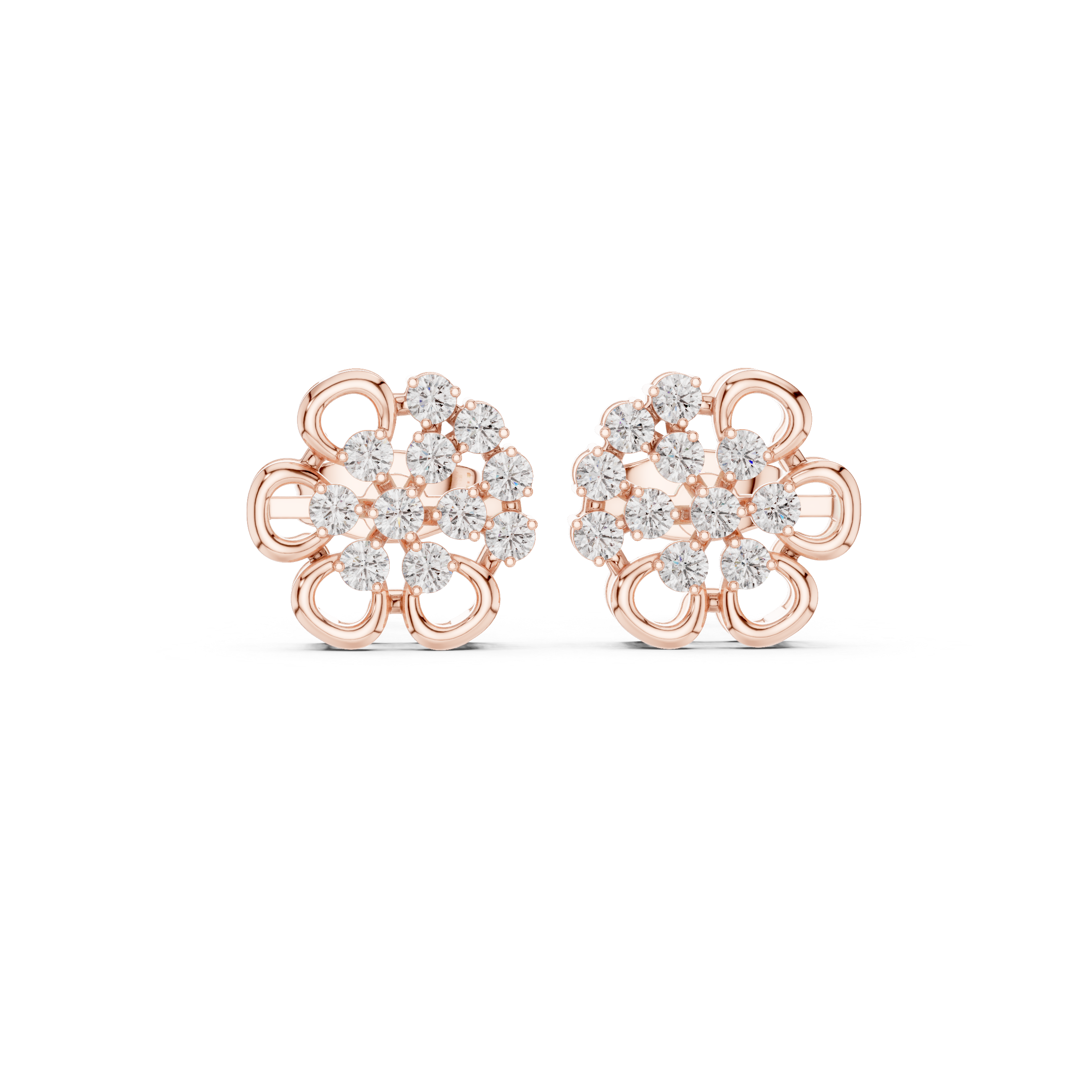 Rose Gold Four-Petal Flower Clover Diamond Cluster Stud Earrings