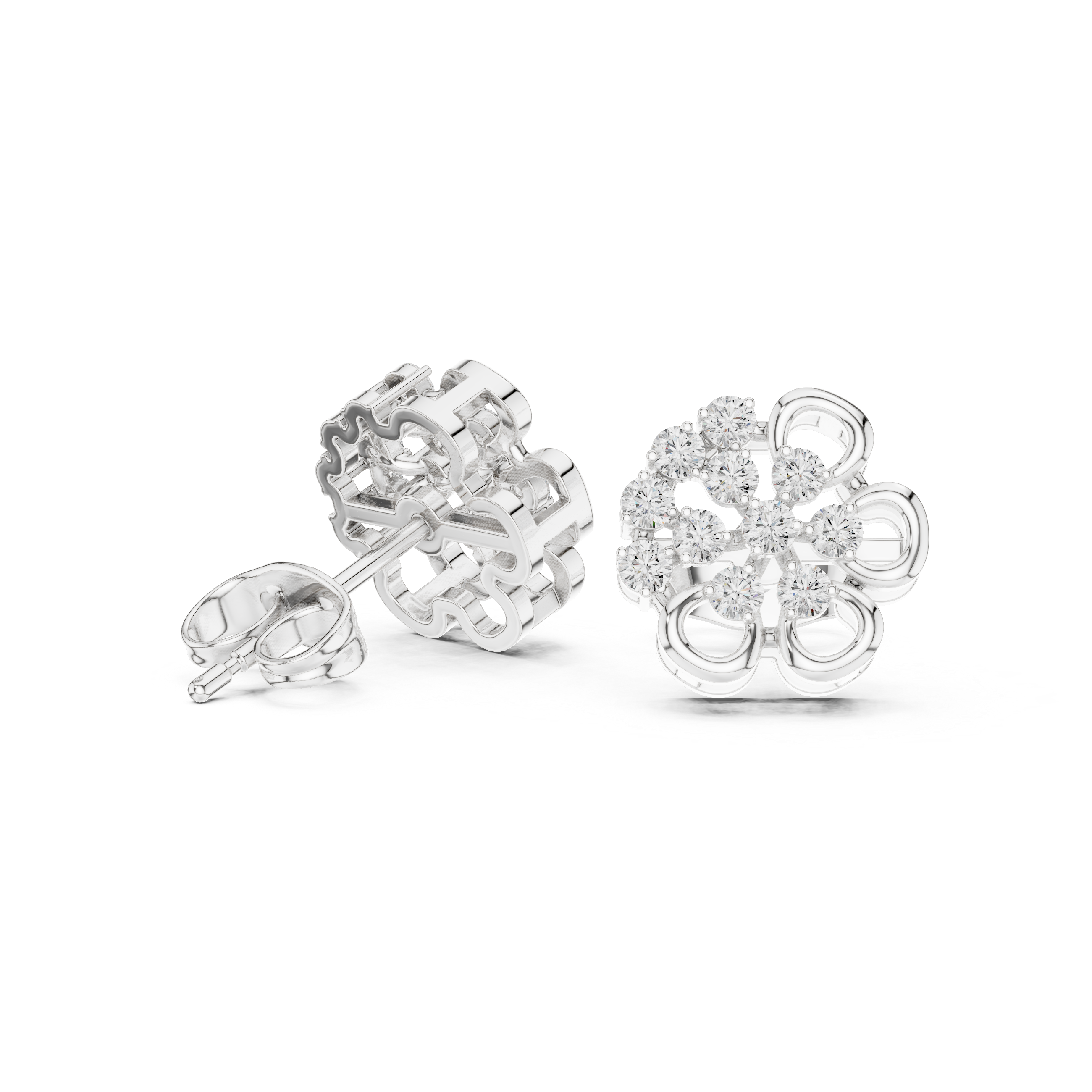 Rose Gold Four-Petal Flower Clover Diamond Cluster Stud Earrings