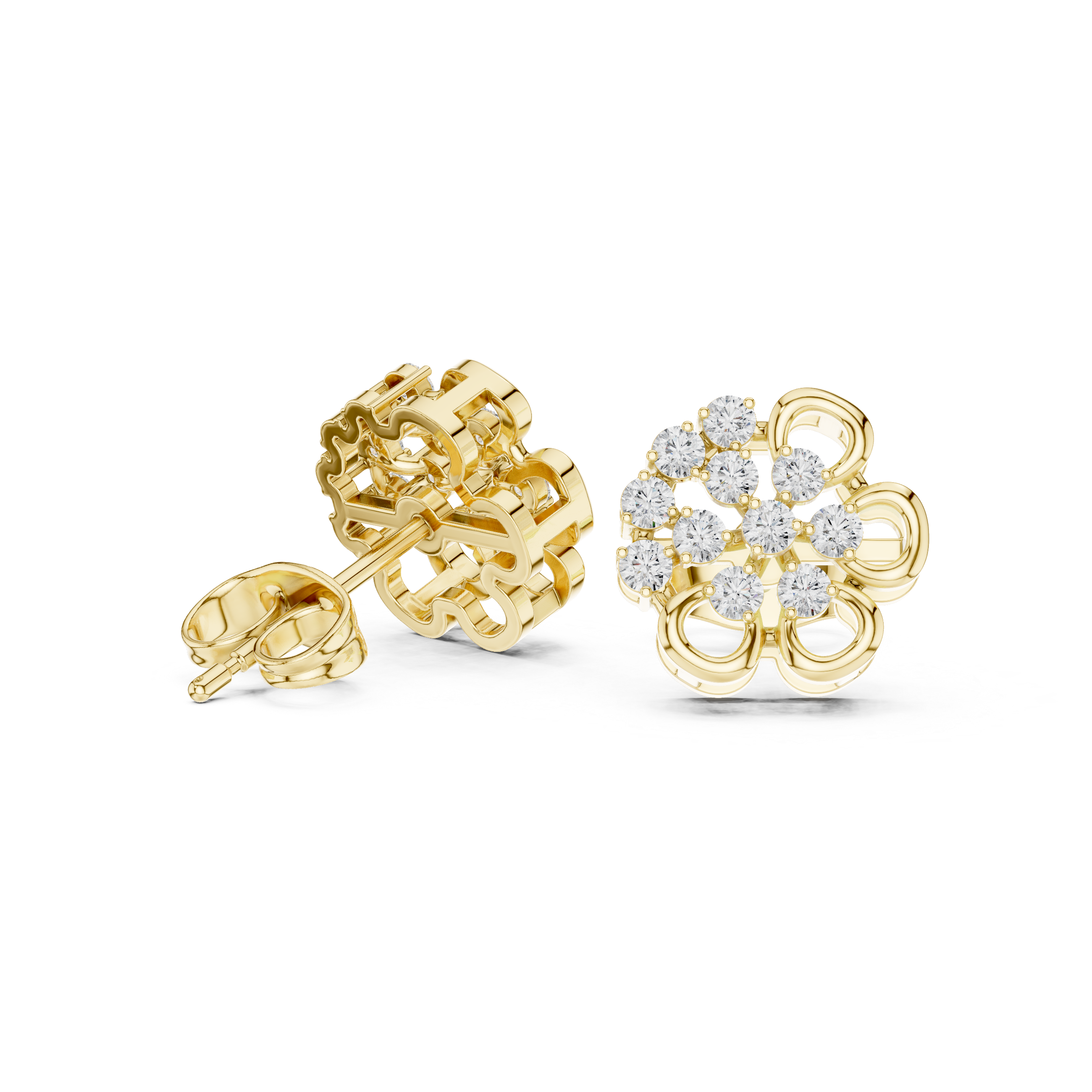 Rose Gold Four-Petal Flower Clover Diamond Cluster Stud Earrings