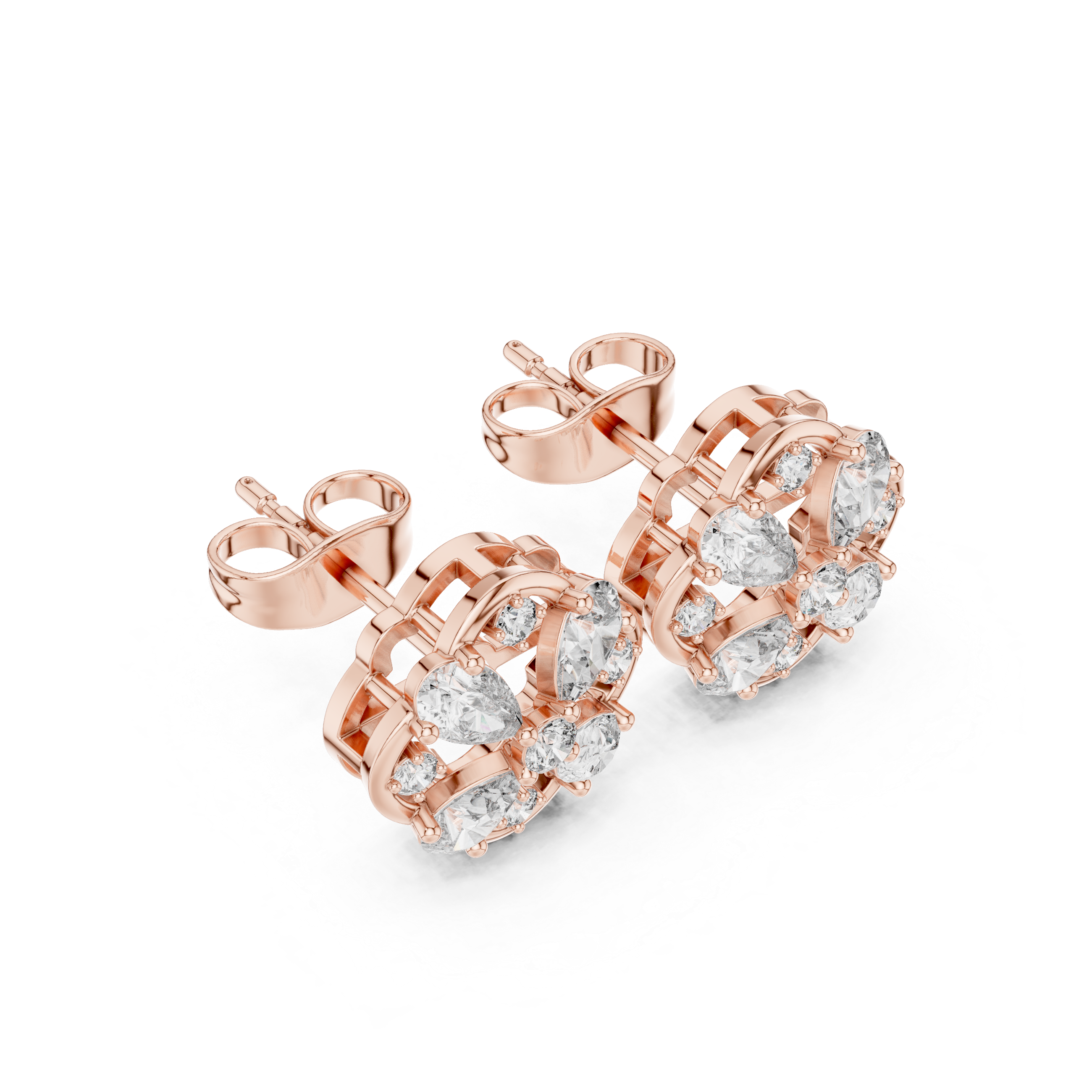 Rose Gold Circular Pear & Round Diamond Floral Cluster Stud Earrings