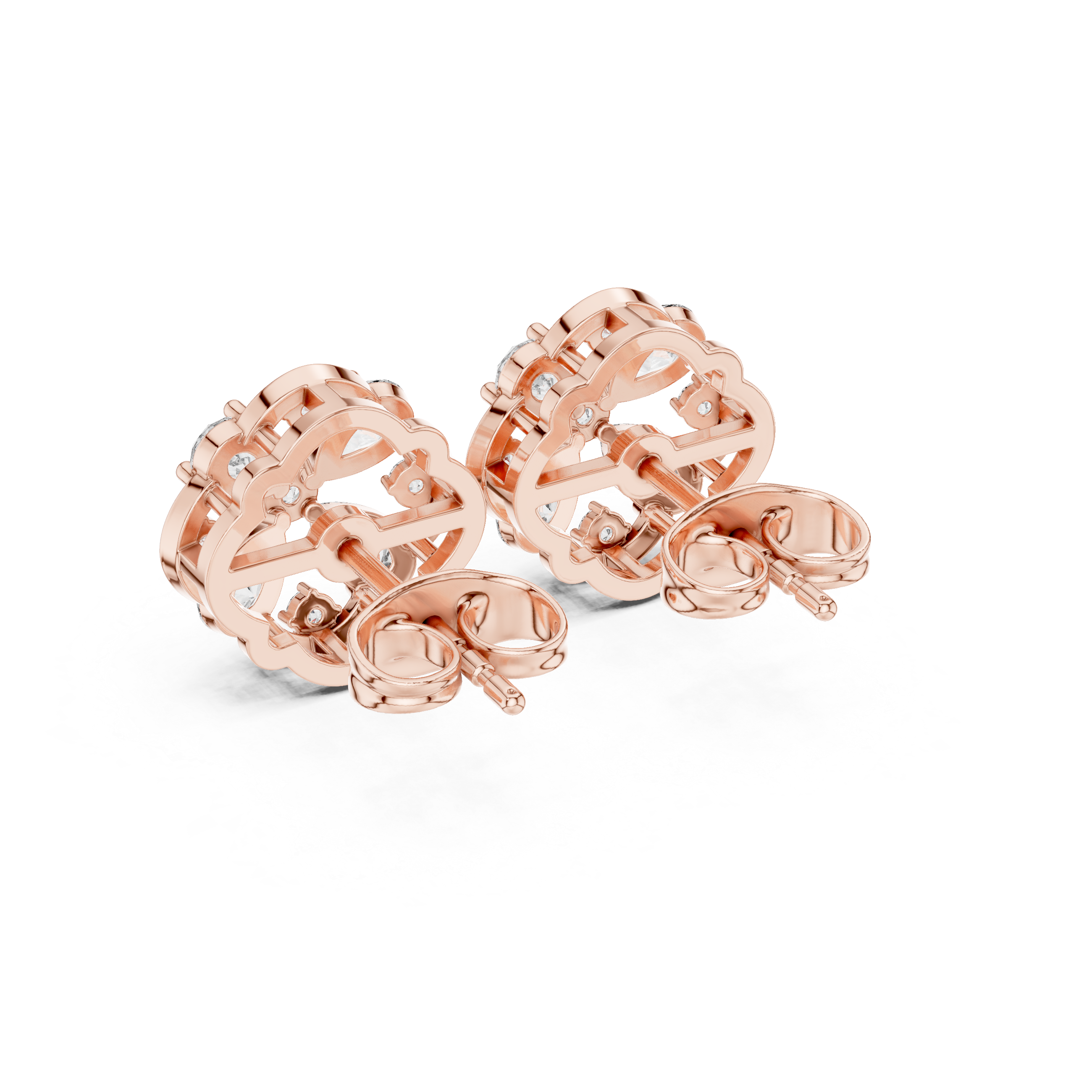 Rose Gold Circular Pear & Round Diamond Floral Cluster Stud Earrings
