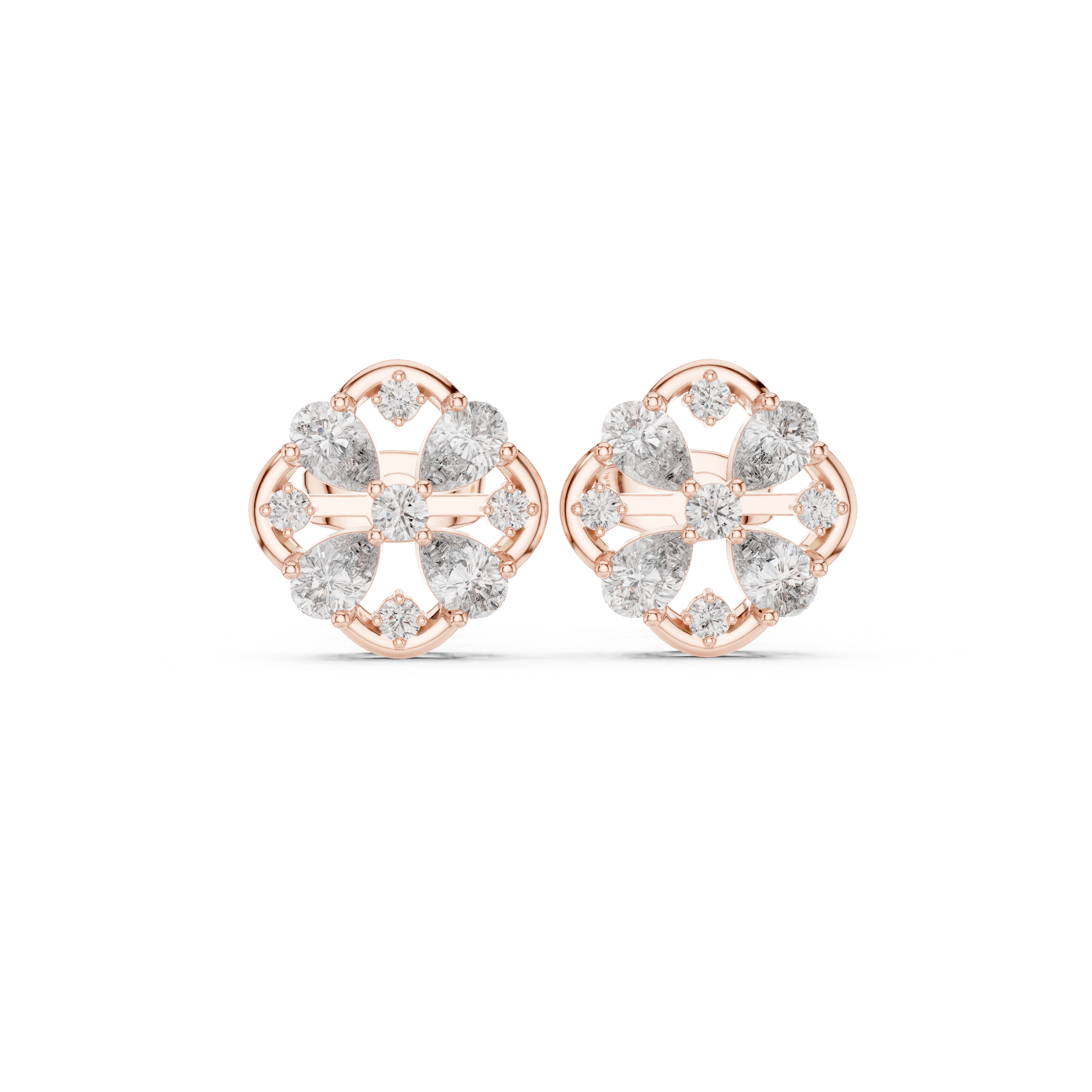 Rose Gold Circular Pear & Round Diamond Floral Cluster Stud Earrings
