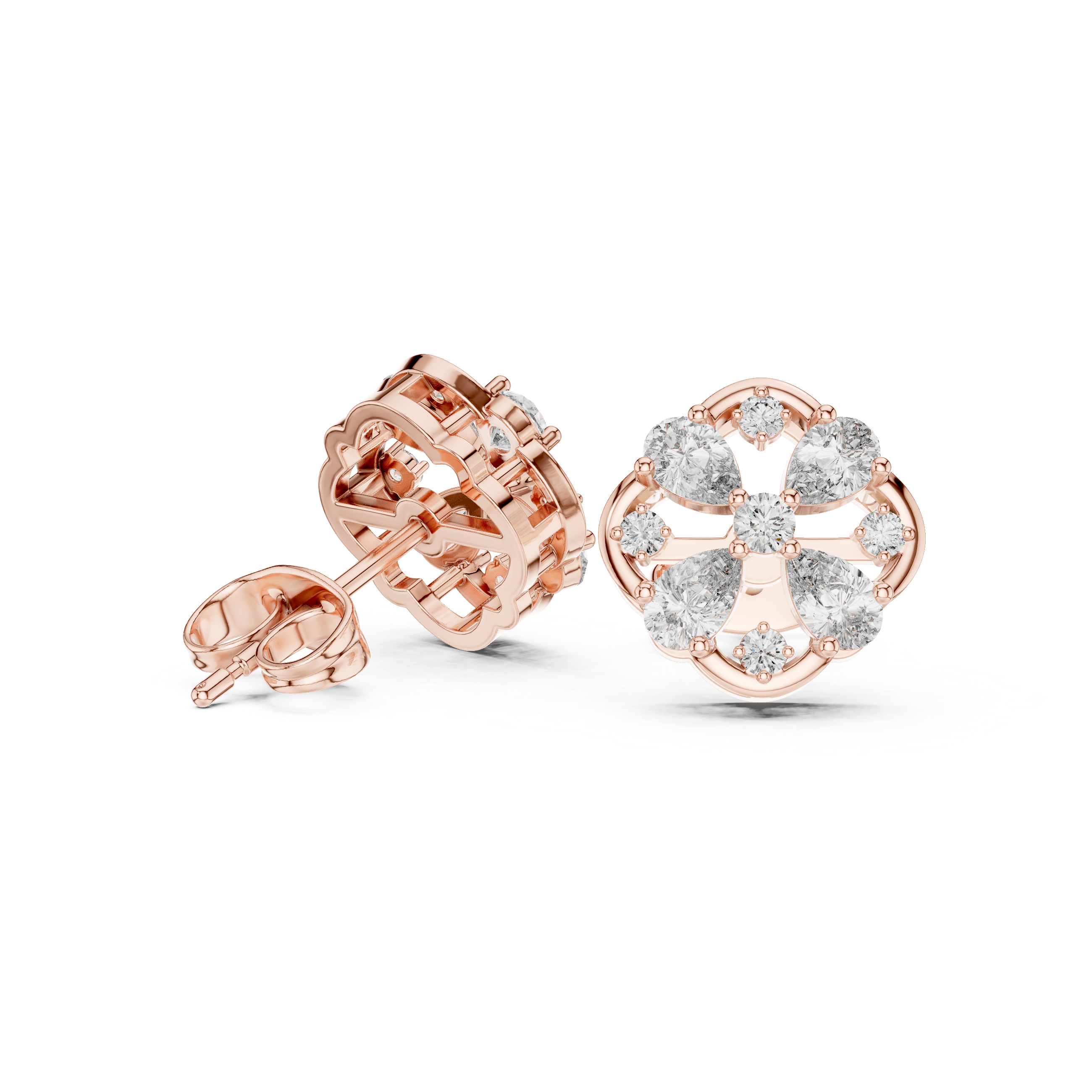 Rose Gold Circular Pear & Round Diamond Floral Cluster Stud Earrings