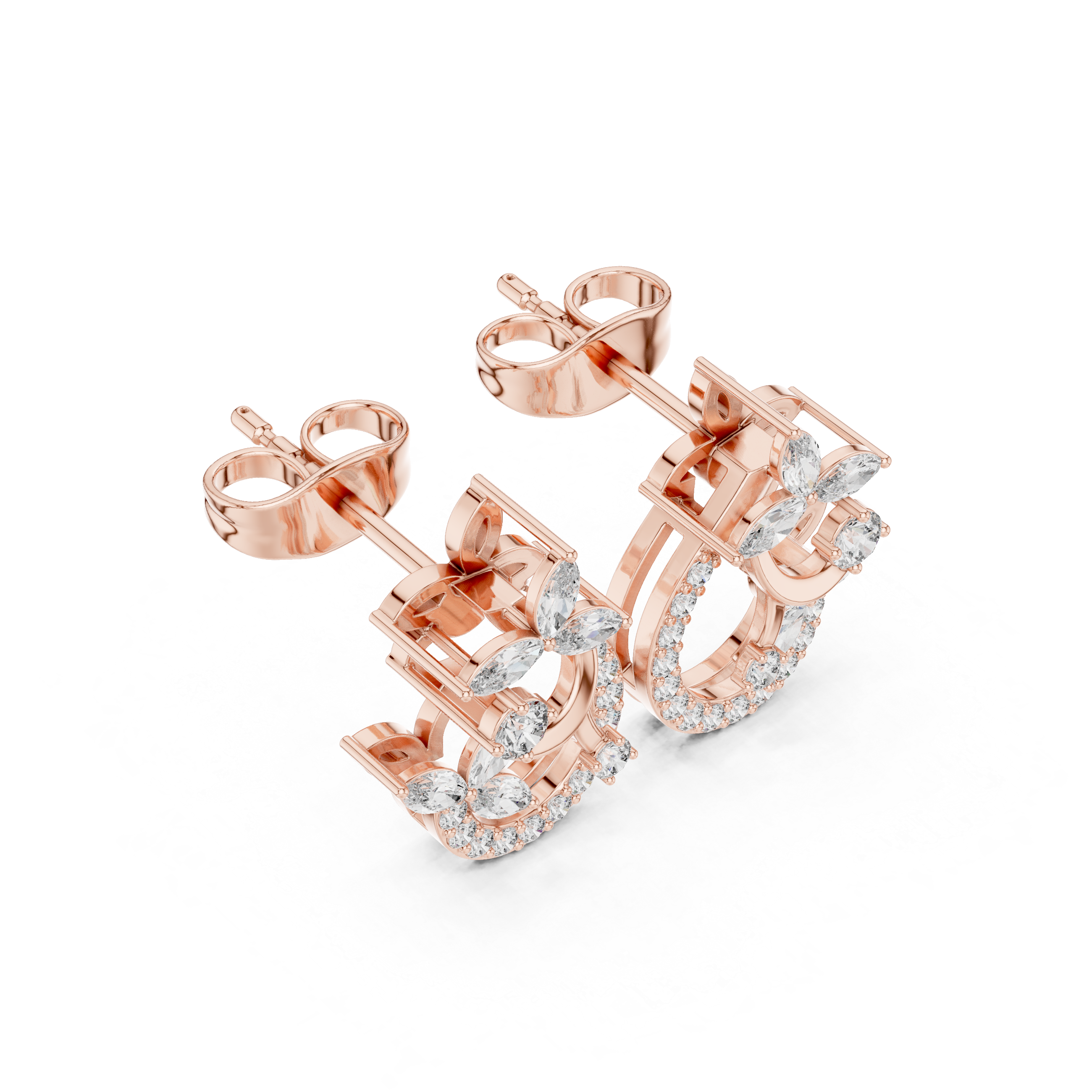Rose Gold Marquise Flower & Curved Pave Diamond Hoop-Style Stud Earrings