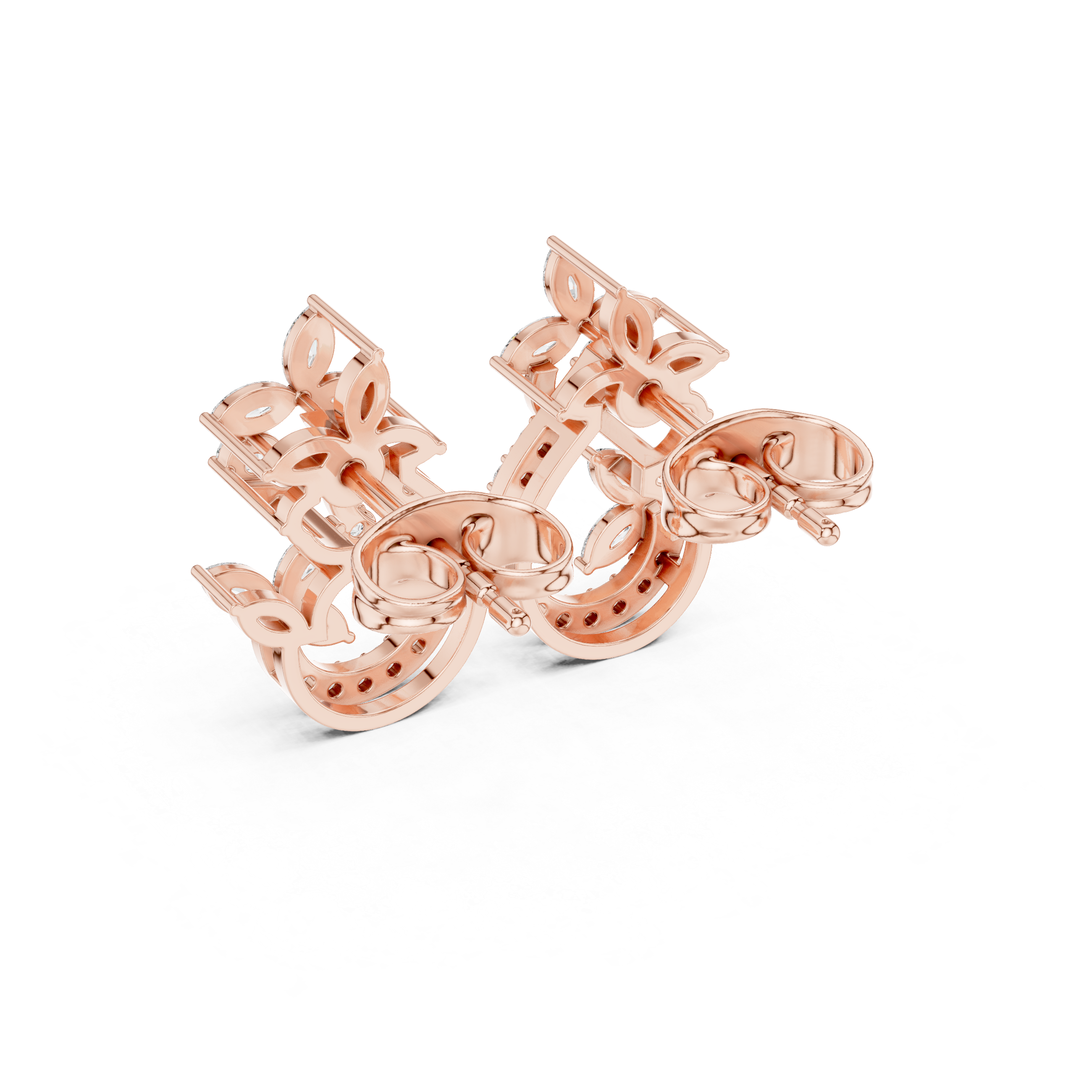 Rose Gold Marquise Flower & Curved Pave Diamond Hoop-Style Stud Earrings