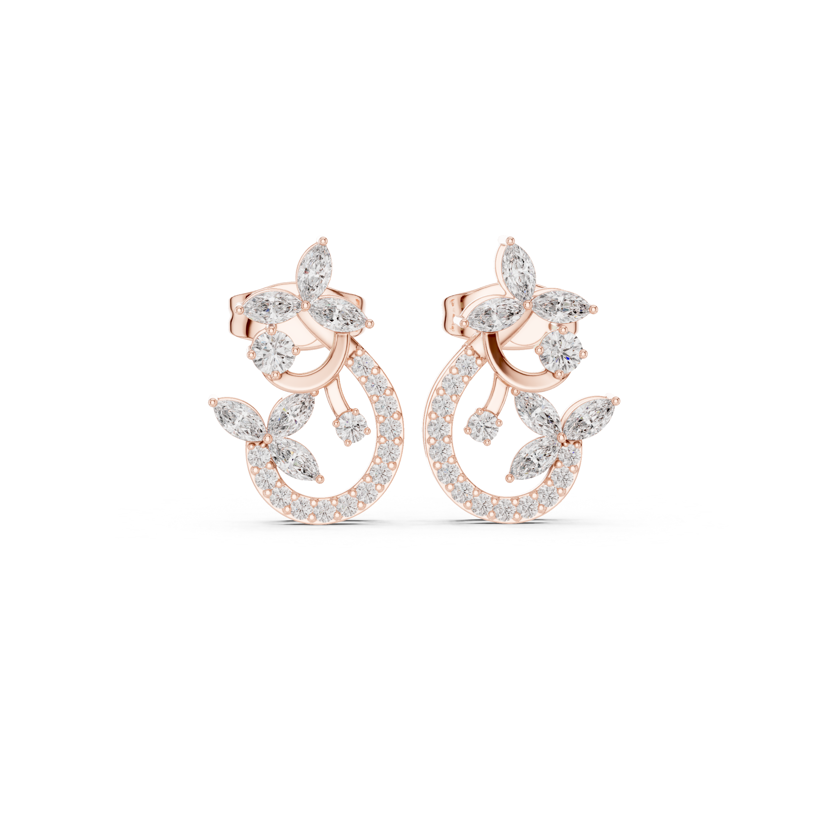 Rose Gold Marquise Flower & Curved Pave Diamond Hoop-Style Stud Earrings