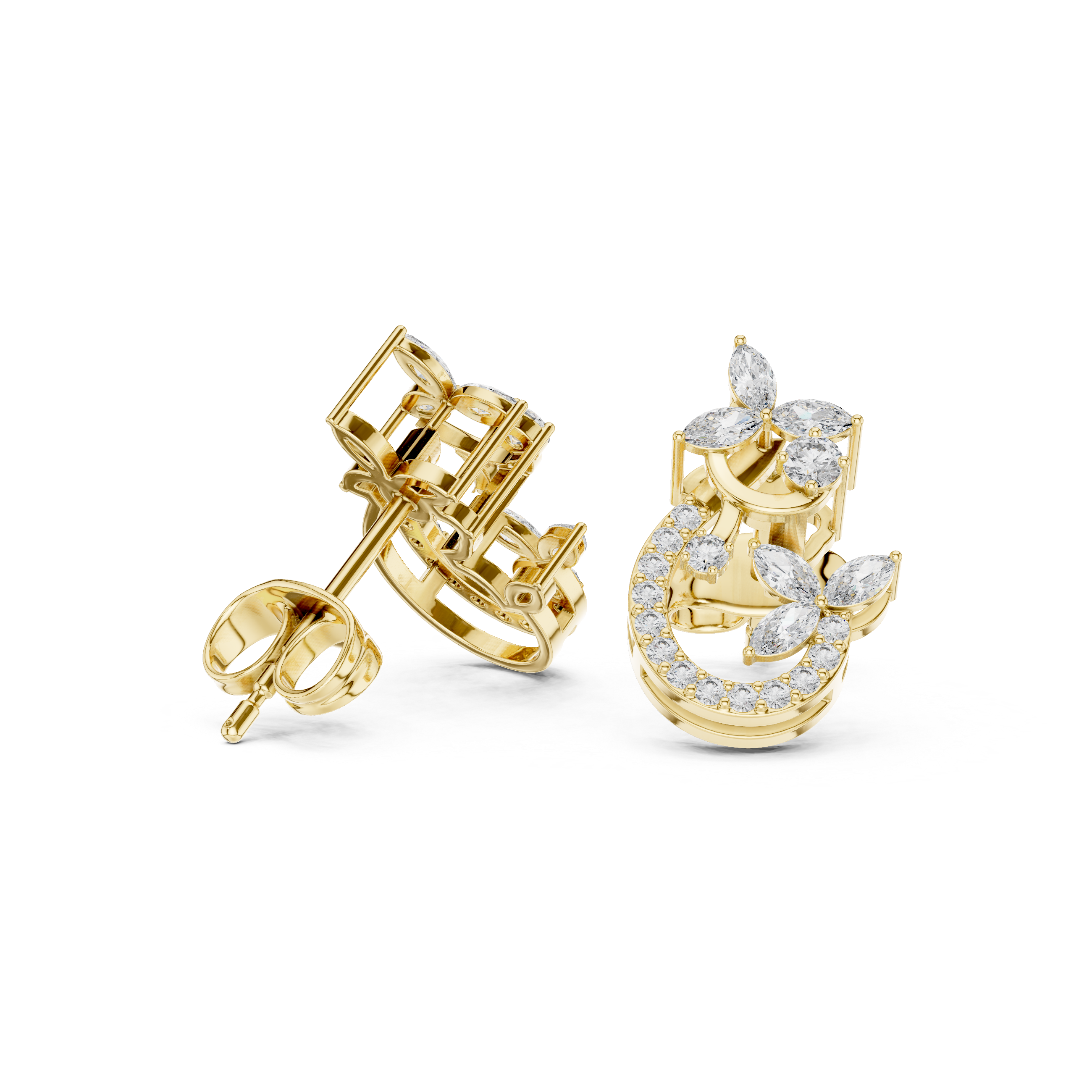 Rose Gold Marquise Flower & Curved Pave Diamond Hoop-Style Stud Earrings