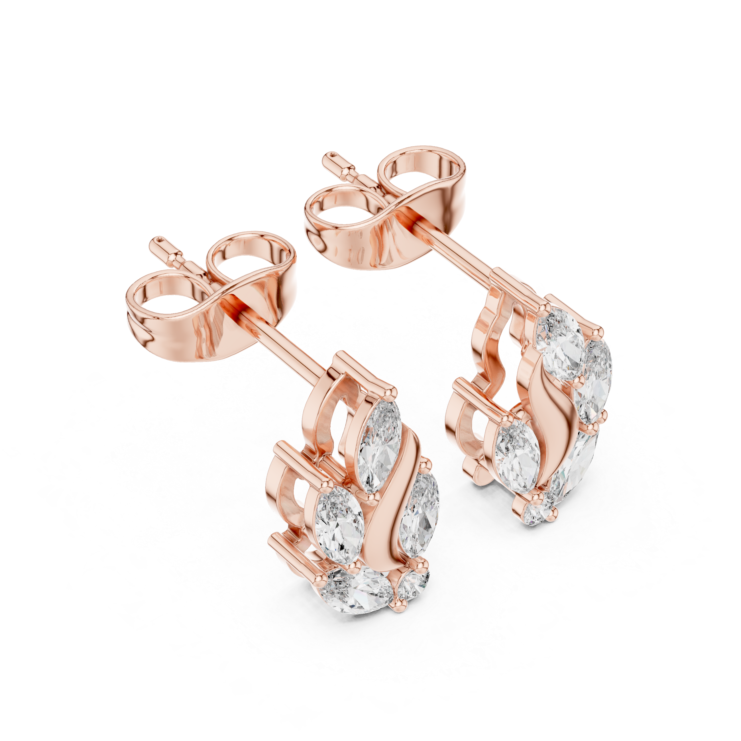 Rose Gold Marquise Leaf Flame Diamond Cluster Stud Earrings