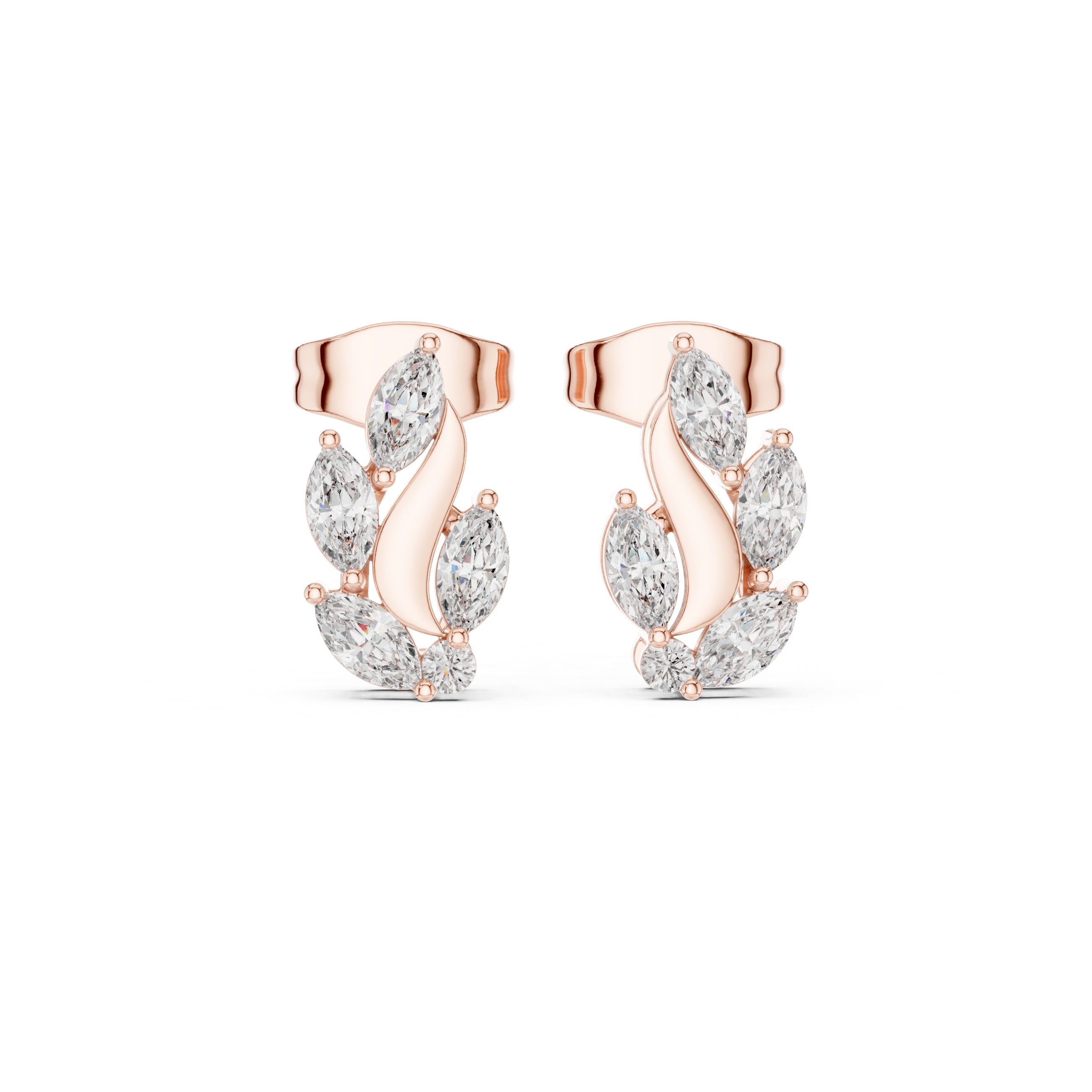 Rose Gold Marquise Leaf Flame Diamond Cluster Stud Earrings