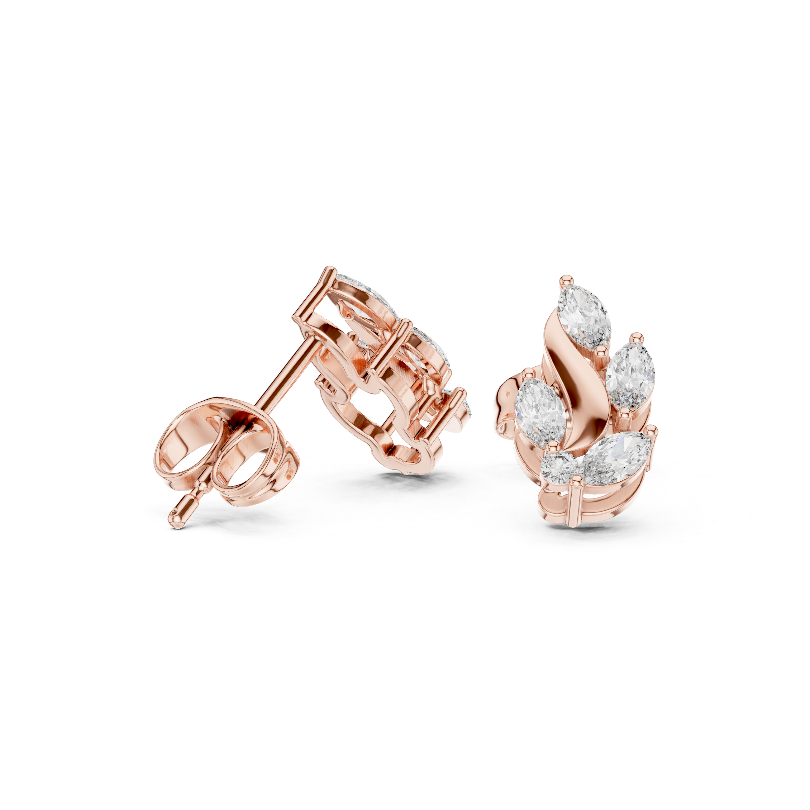 Rose Gold Marquise Leaf Flame Diamond Cluster Stud Earrings