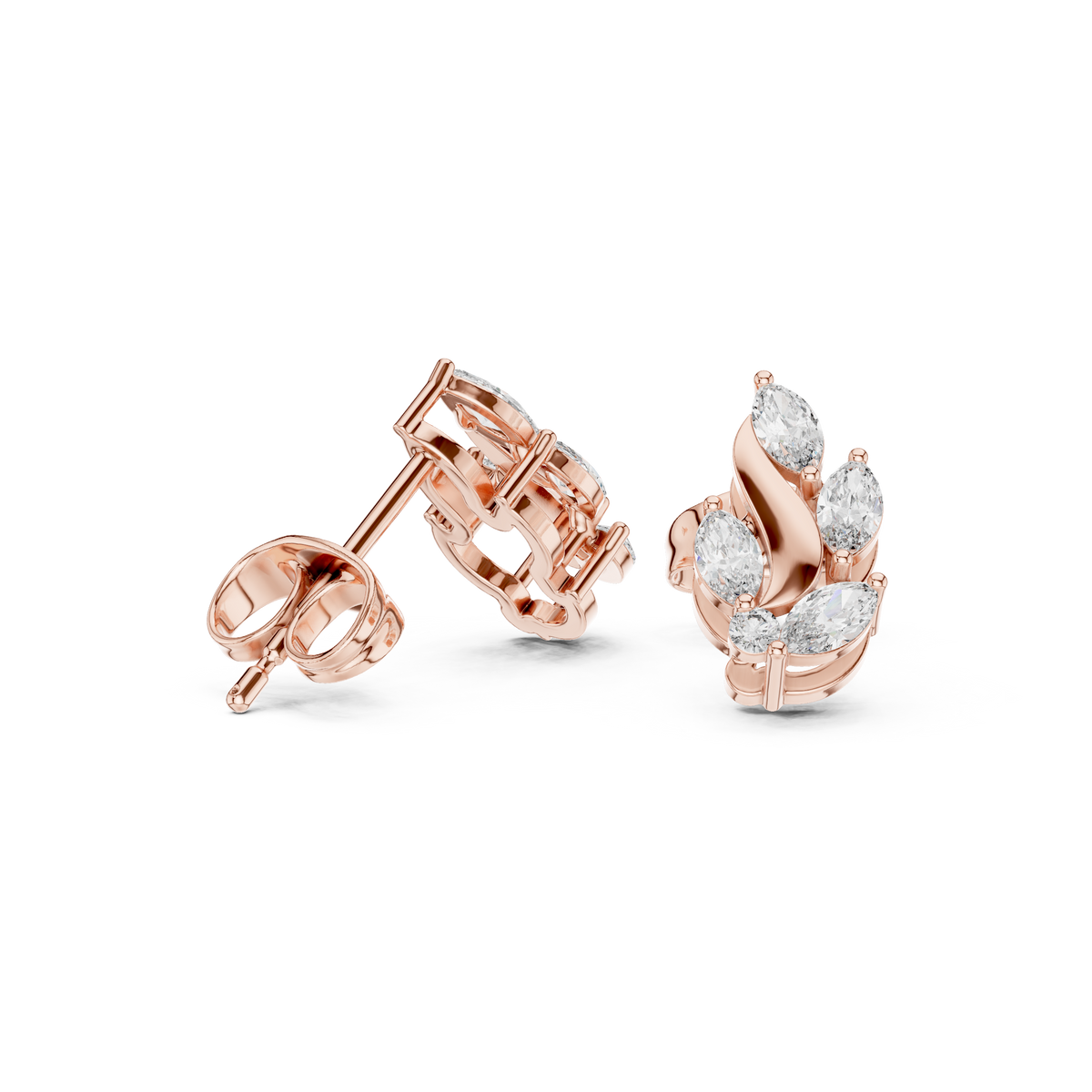 Rose Gold Marquise Leaf Flame Diamond Cluster Stud Earrings