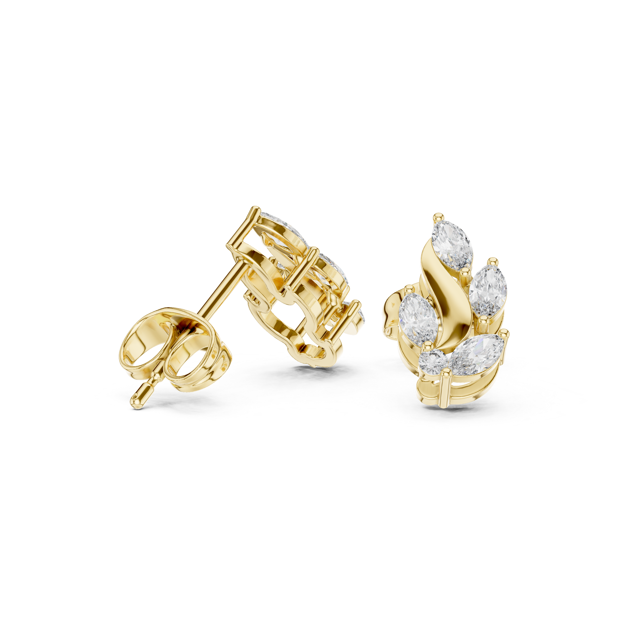 Rose Gold Marquise Leaf Flame Diamond Cluster Stud Earrings