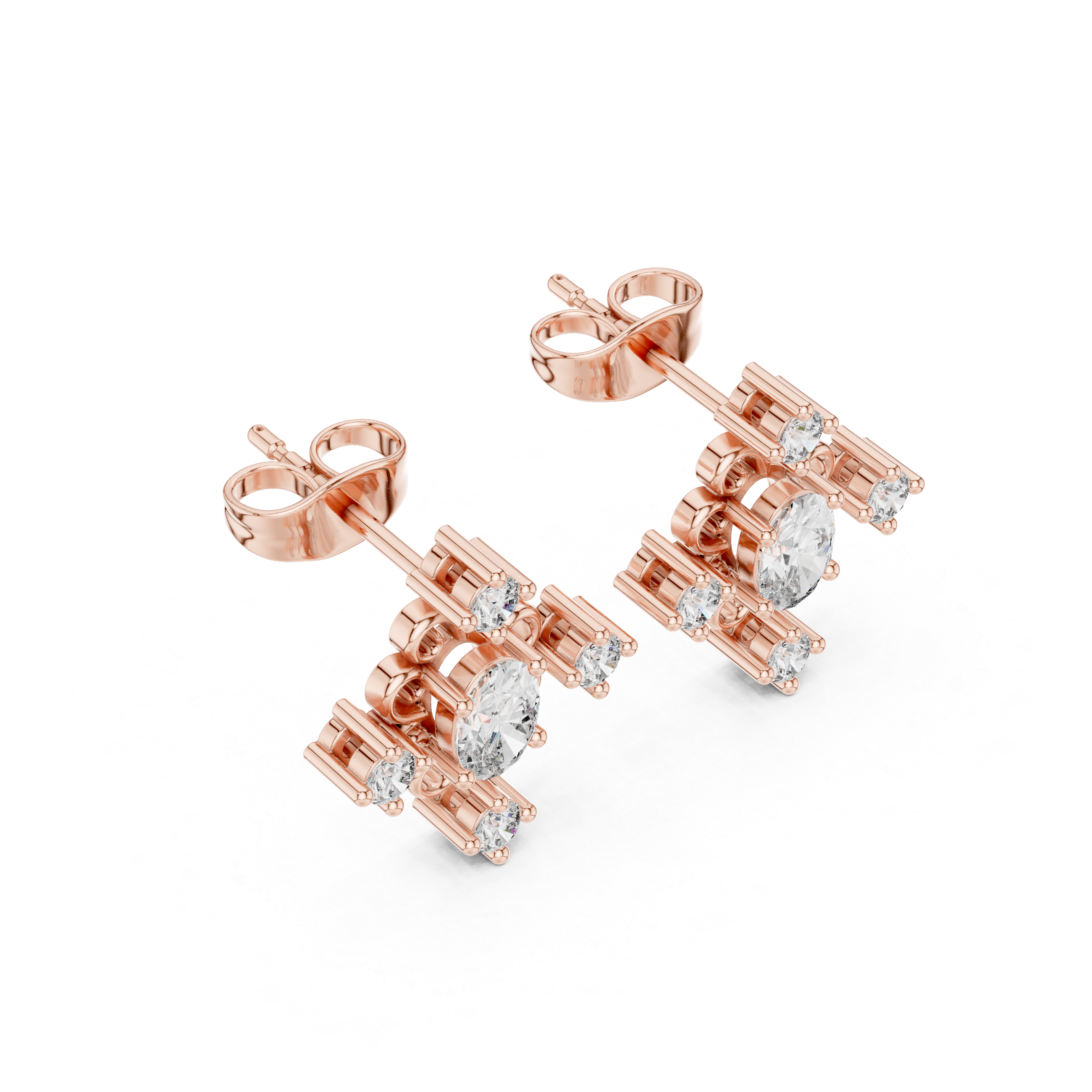 Rose Gold Geometric Oval & Round Diamond Cluster Stud Earrings