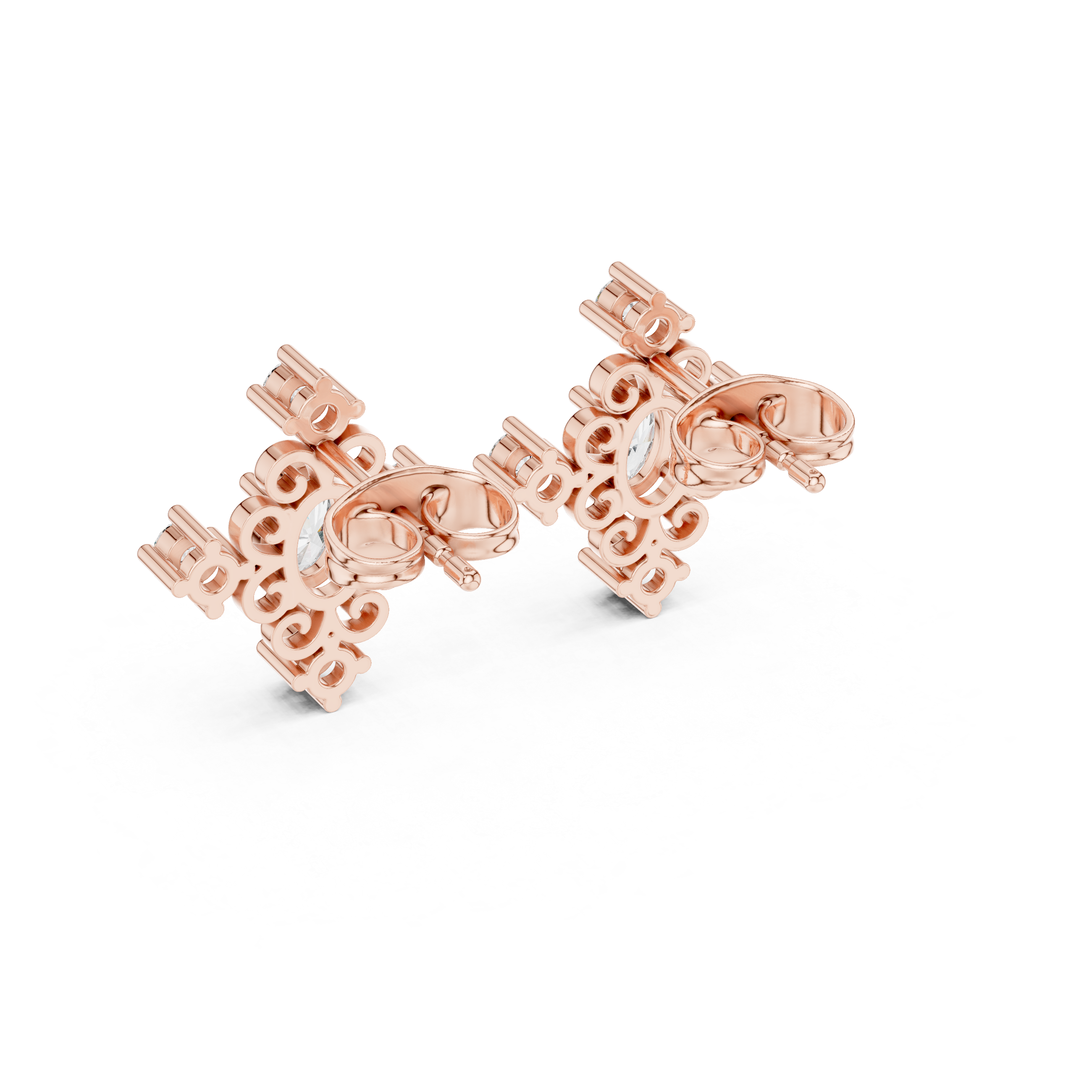 Rose Gold Geometric Oval & Round Diamond Cluster Stud Earrings