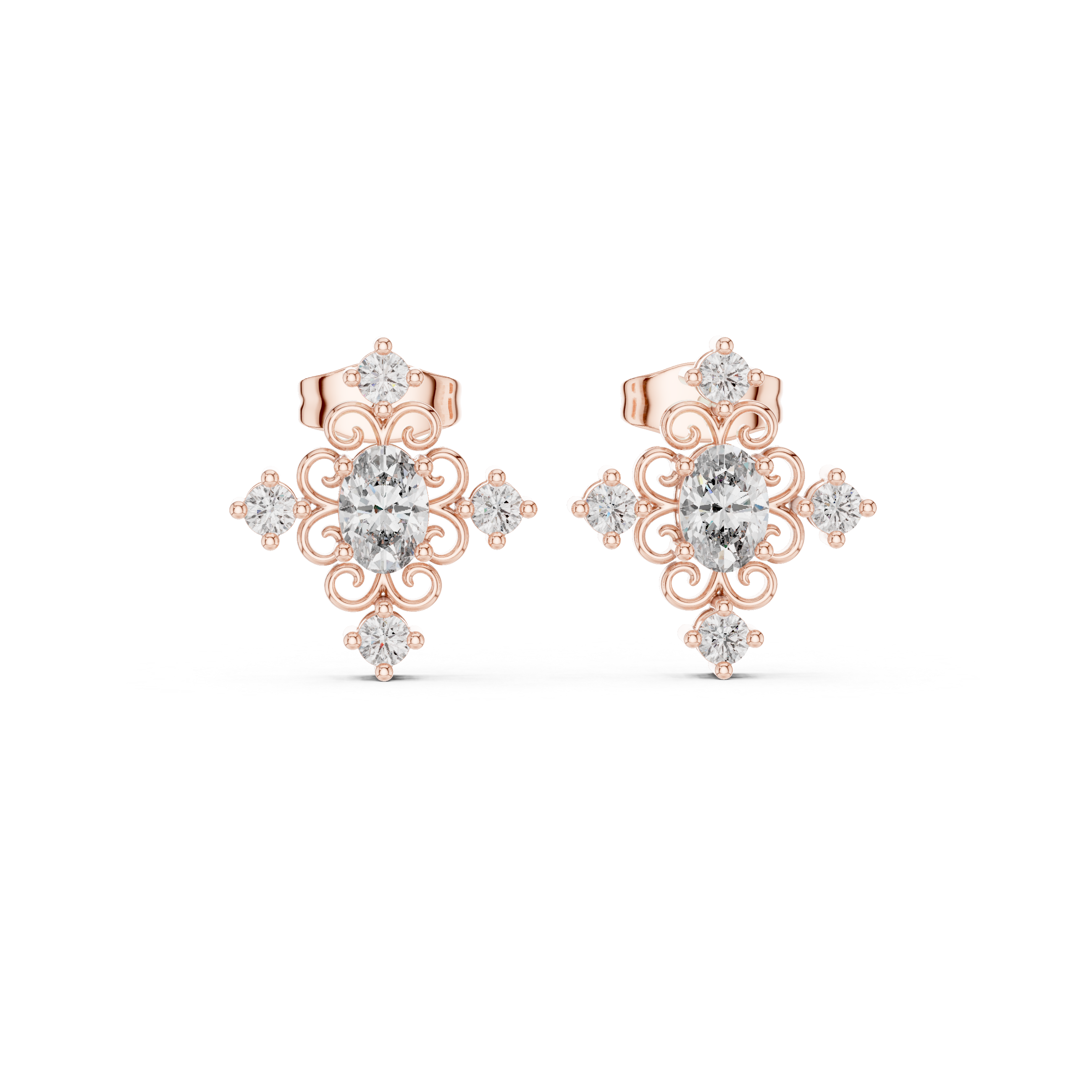 Rose Gold Geometric Oval & Round Diamond Cluster Stud Earrings