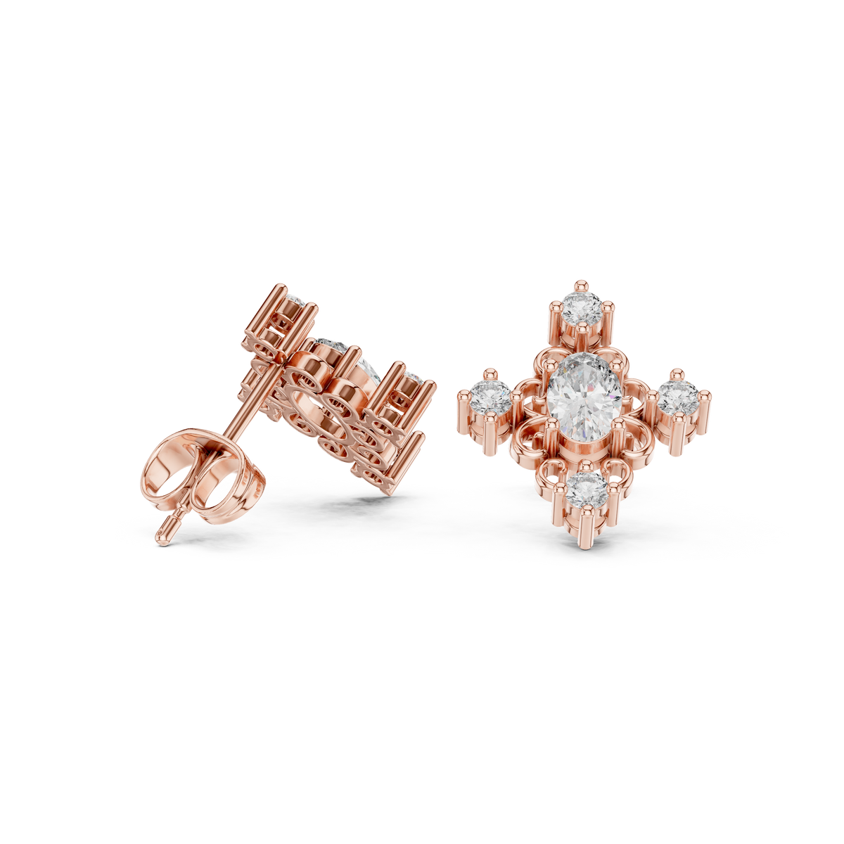 Rose Gold Geometric Oval & Round Diamond Cluster Stud Earrings
