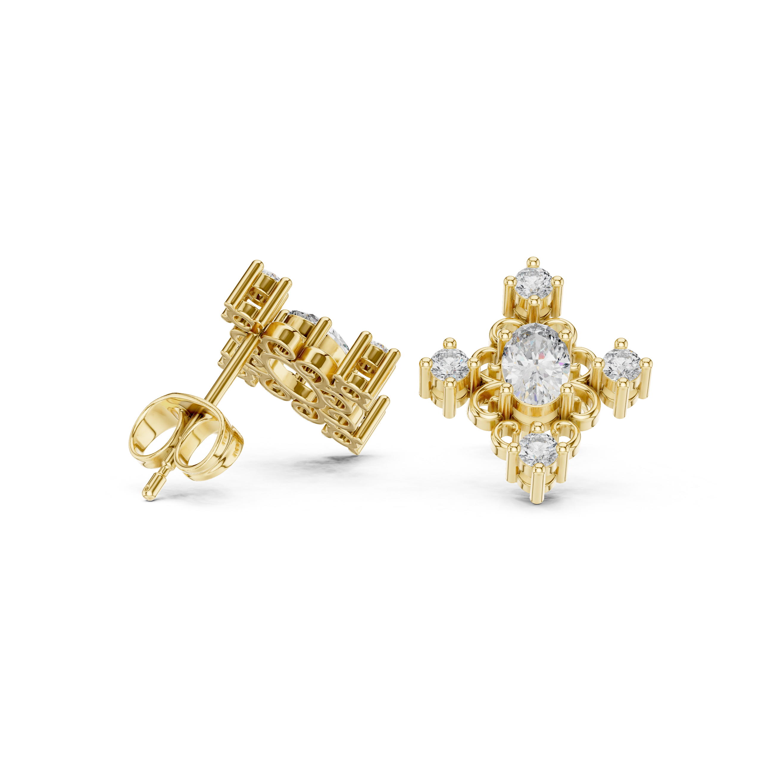 Rose Gold Geometric Oval & Round Diamond Cluster Stud Earrings