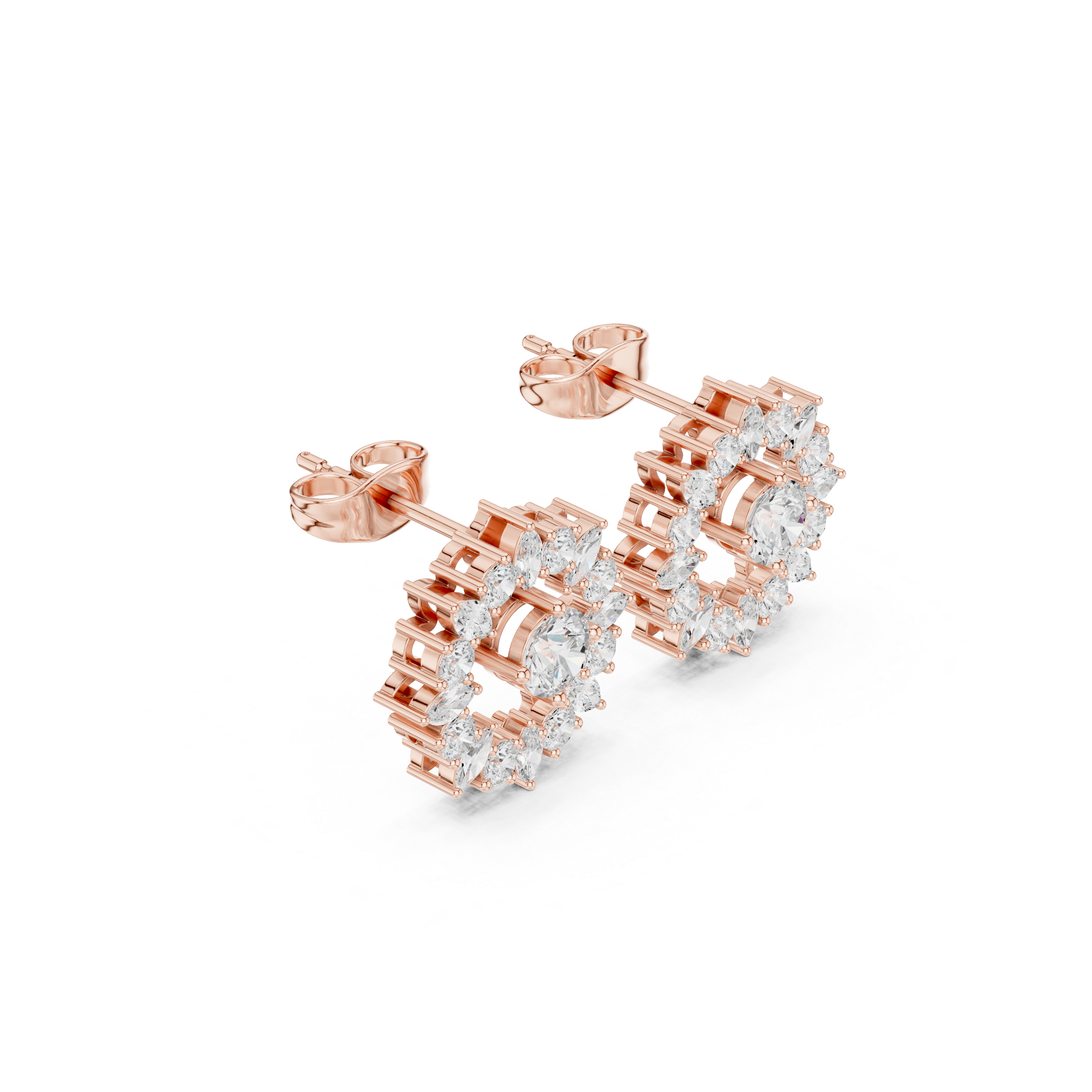 Rose Gold Double Halo Oval Diamond Cluster Stud Earrings