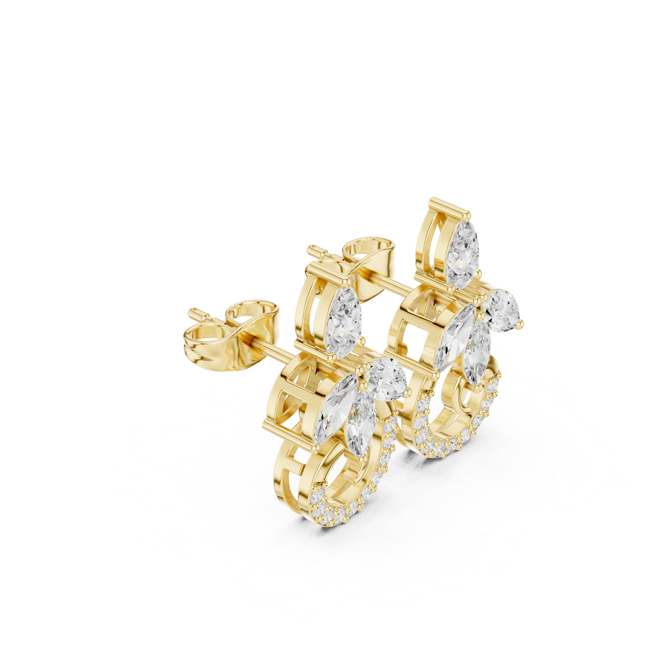 Pear & Marquise Diamond Leaf Cluster Hoop-Style Stud Earrings