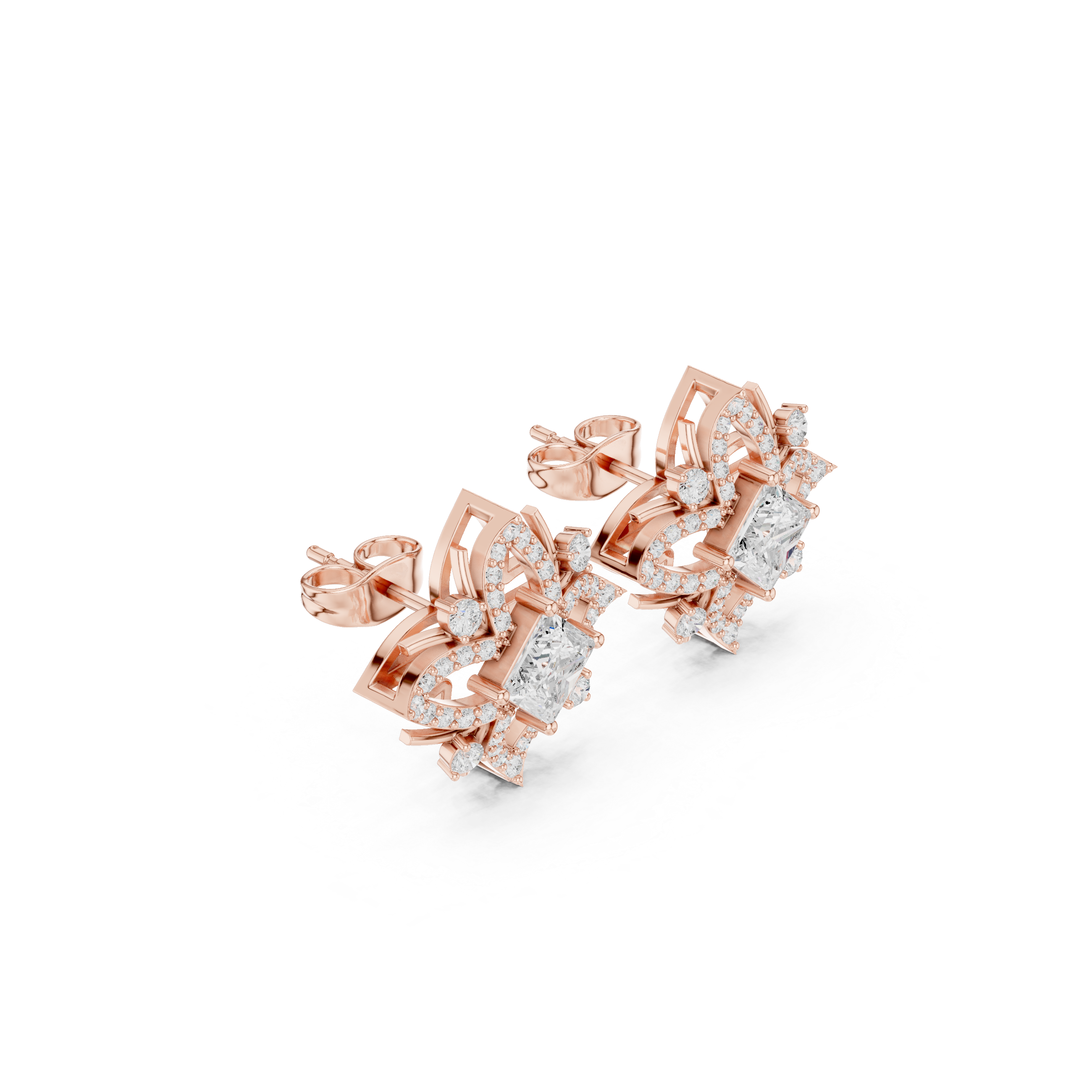 Princess-Cut Diamond Geometric Crown Stud Earrings