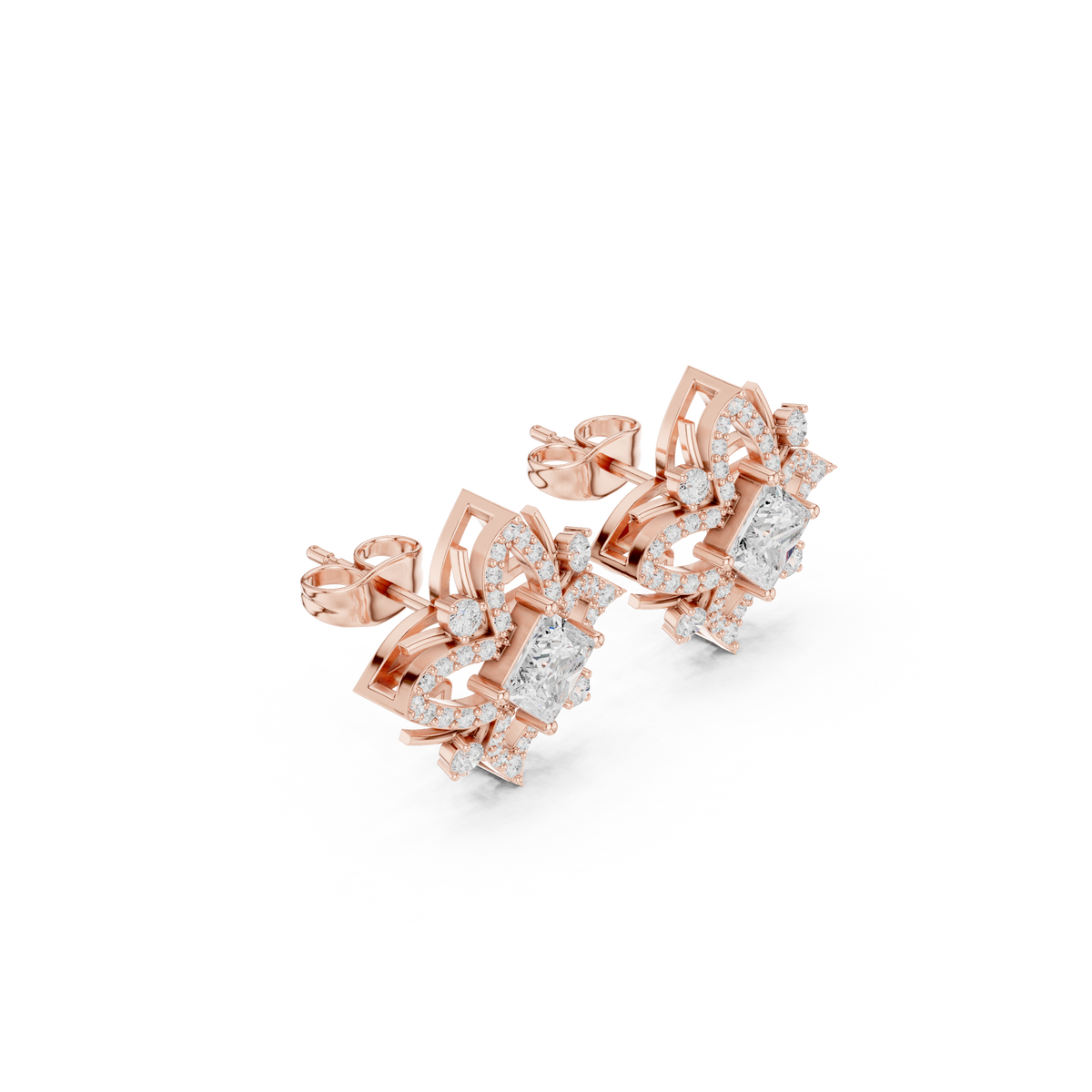 Princess-Cut Diamond Geometric Crown Stud Earrings