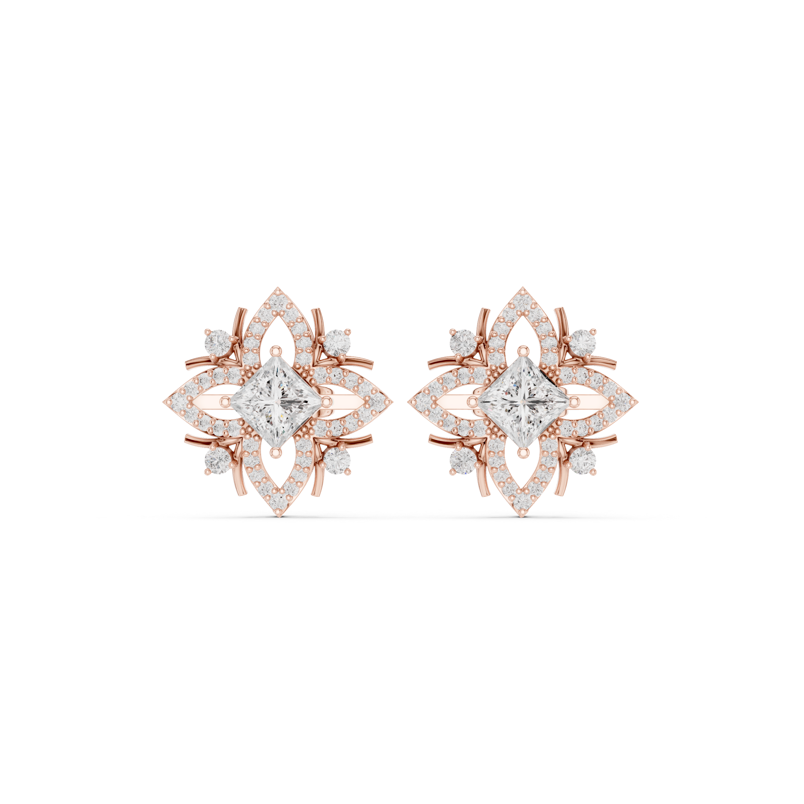 Princess-Cut Diamond Geometric Crown Stud Earrings