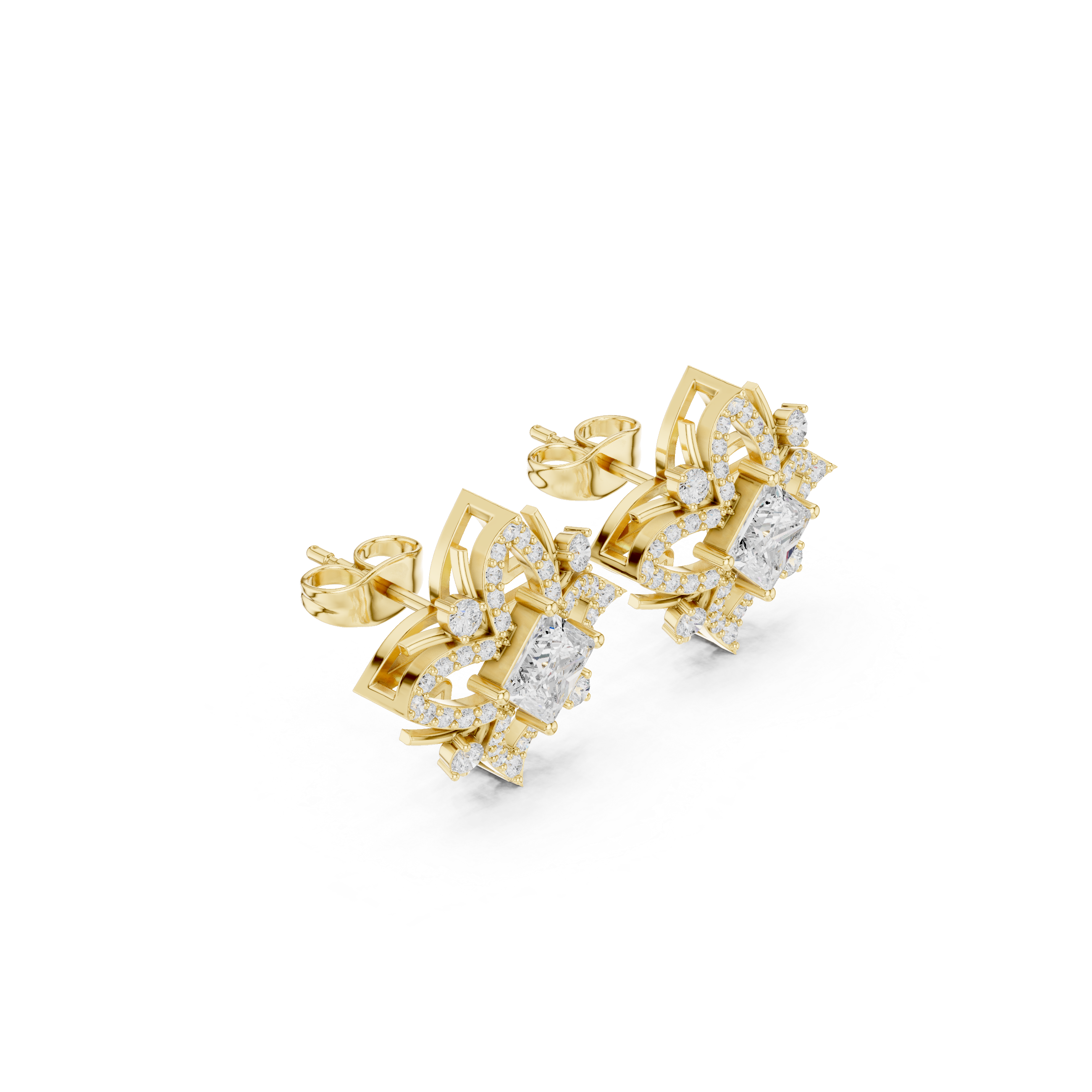 Princess-Cut Diamond Geometric Crown Stud Earrings