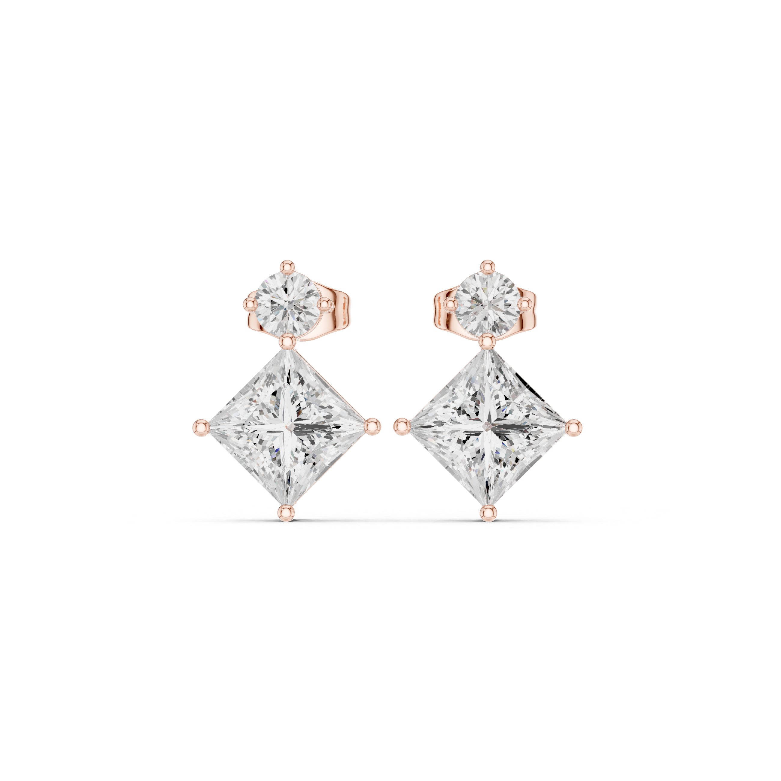 Radiant-Cut & Round Diamond Geometric Drop Stud Earrings