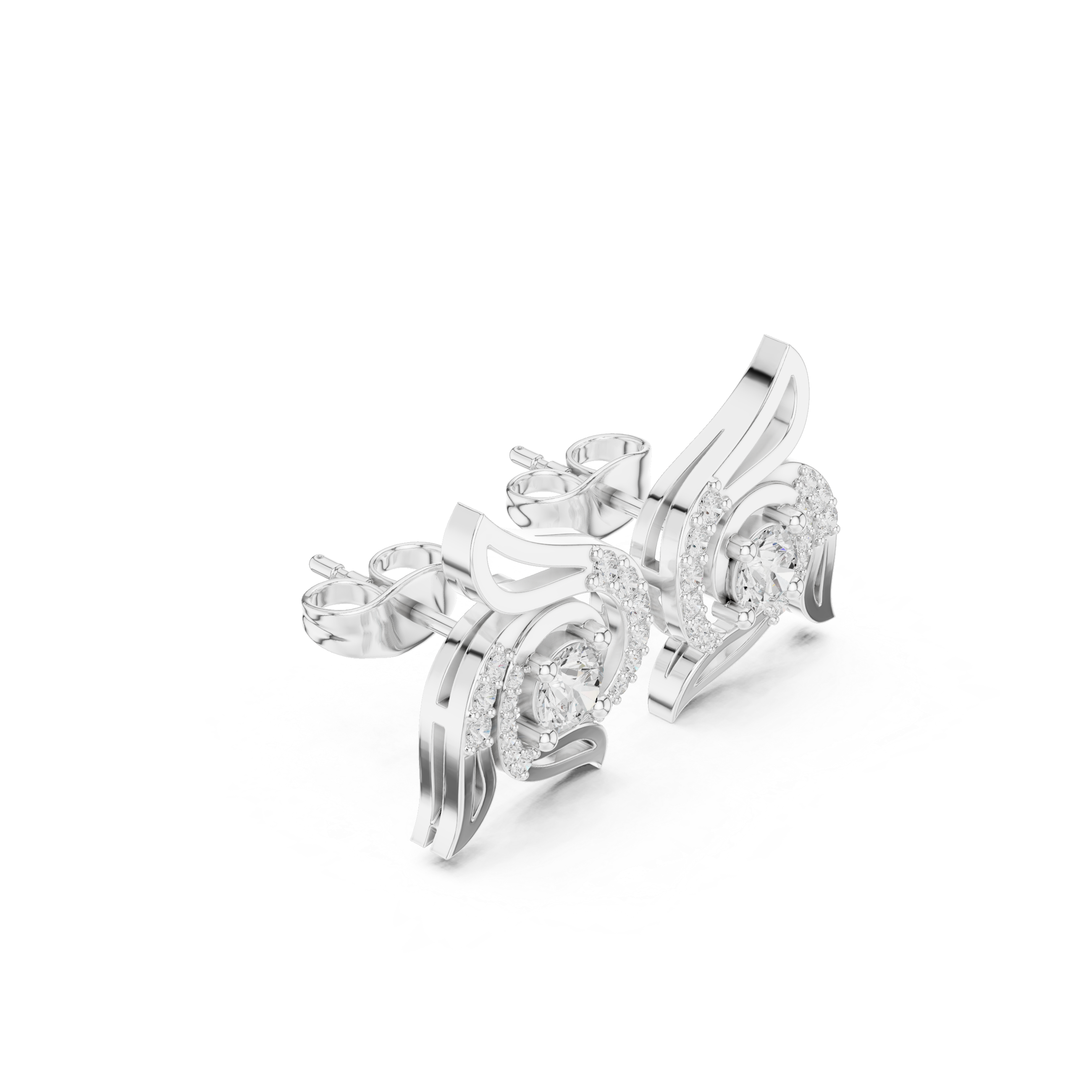 Swirl Flame Solitaire Diamond Stud Earrings