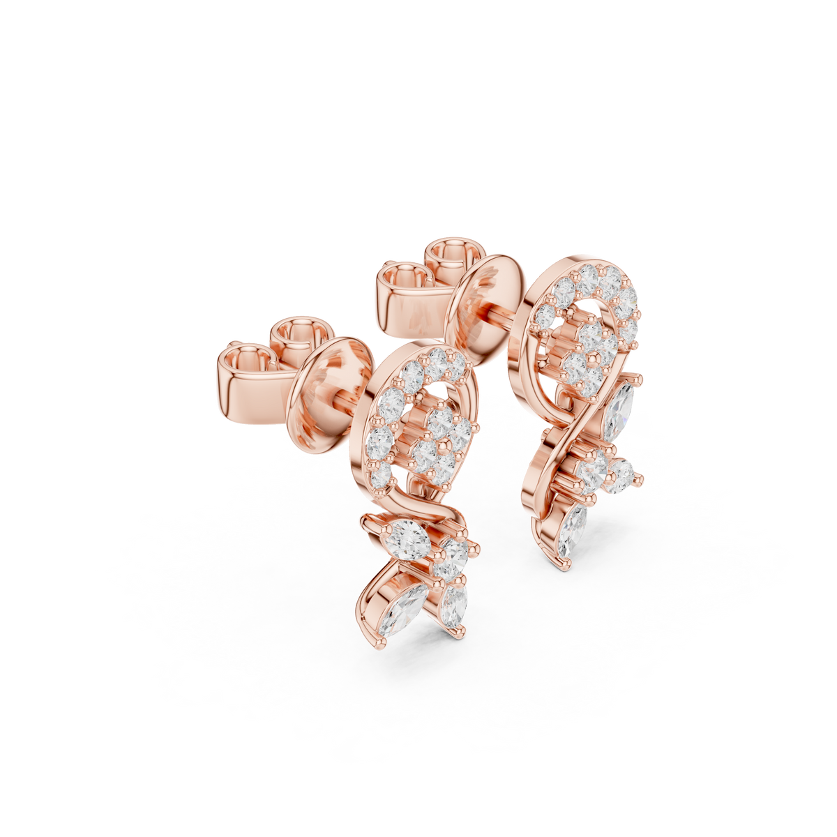 Swirl Loop Marquise Leaf Diamond Stud Earrings
